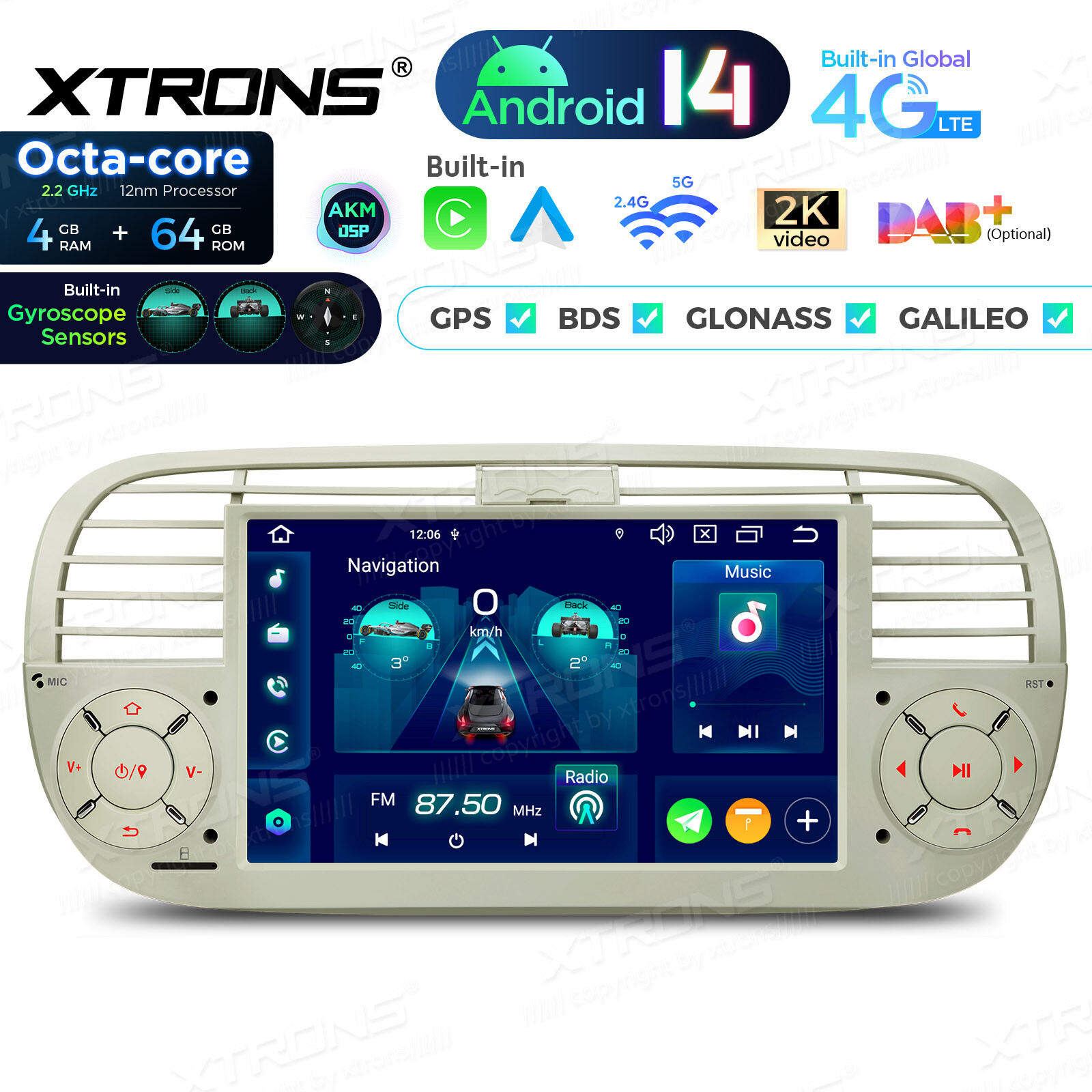 7″ Android 13 8Core Car Play GPS Sat Nav Stereo Radio for Fiat 500 2007-15 Beige