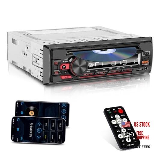 Single DIN CD/DVD Car Stereo with Bluetooth Hands-Free Calling, Push-to Black