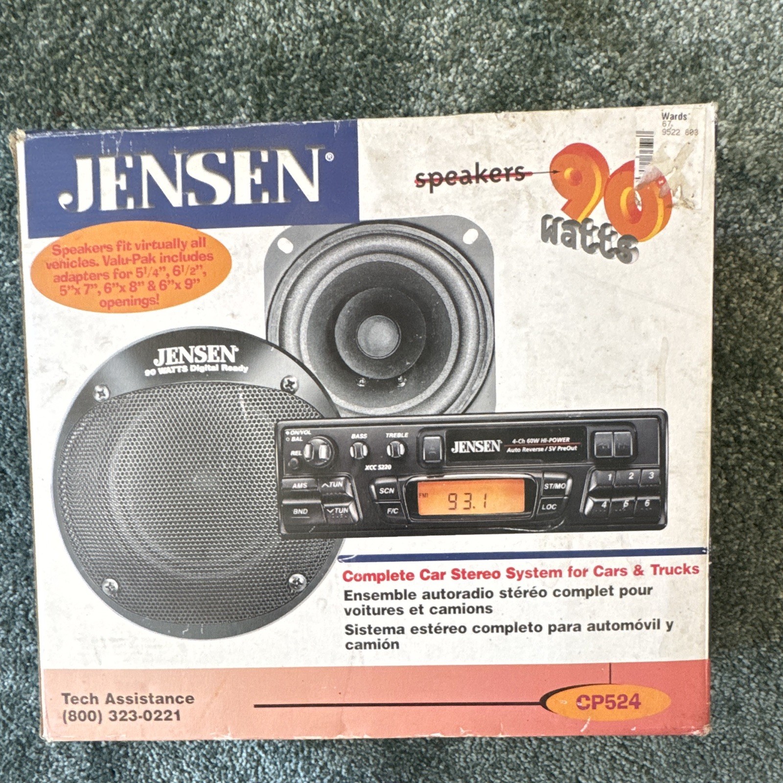 Jensen CP524 1 DIN AM/FM Auto Reverse Cassette Player Receiver, Detachable Face