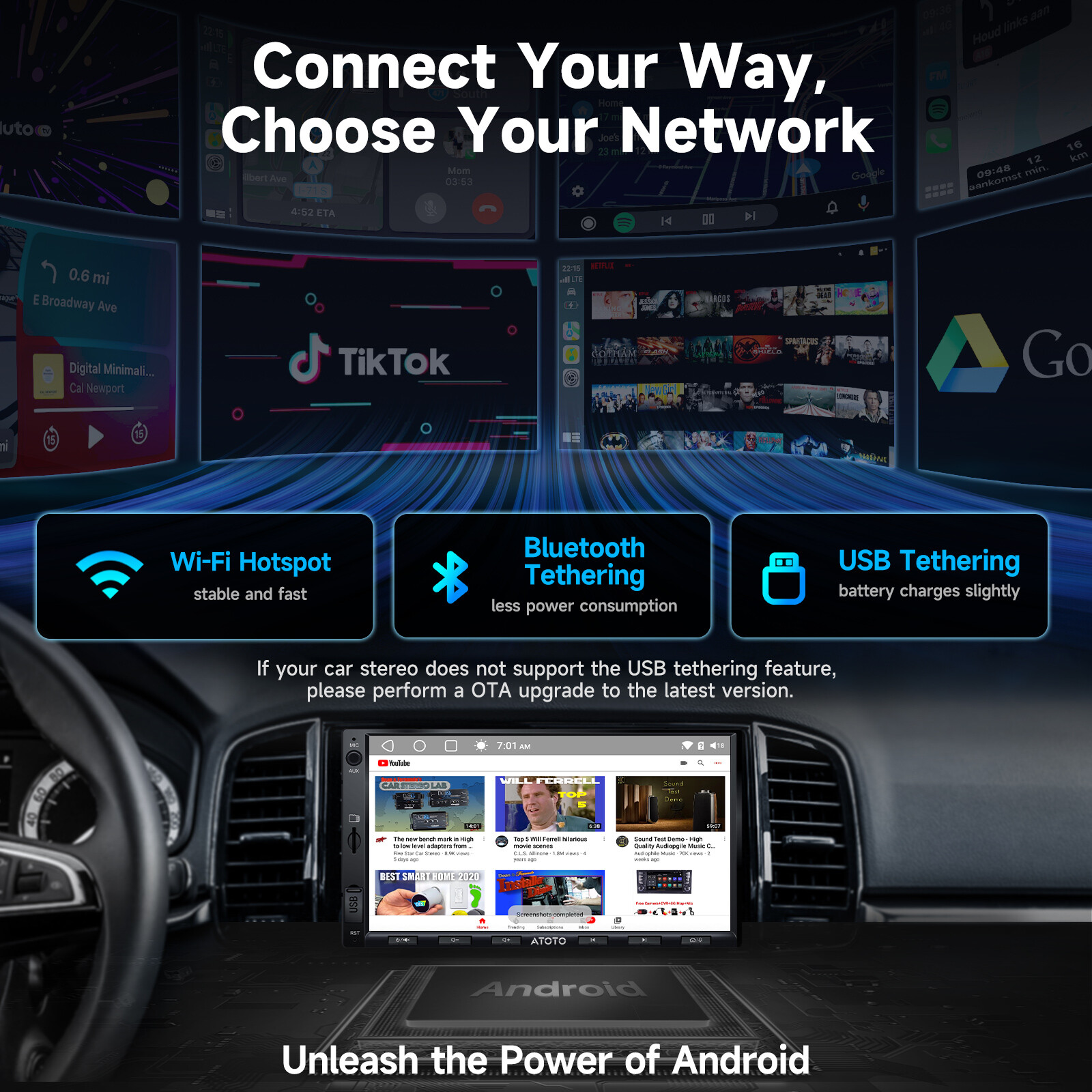 ATOTO 7″ Double Din Car Stereo CarPlay Android Bluetooth SiriusXM Radio GPS NAVI