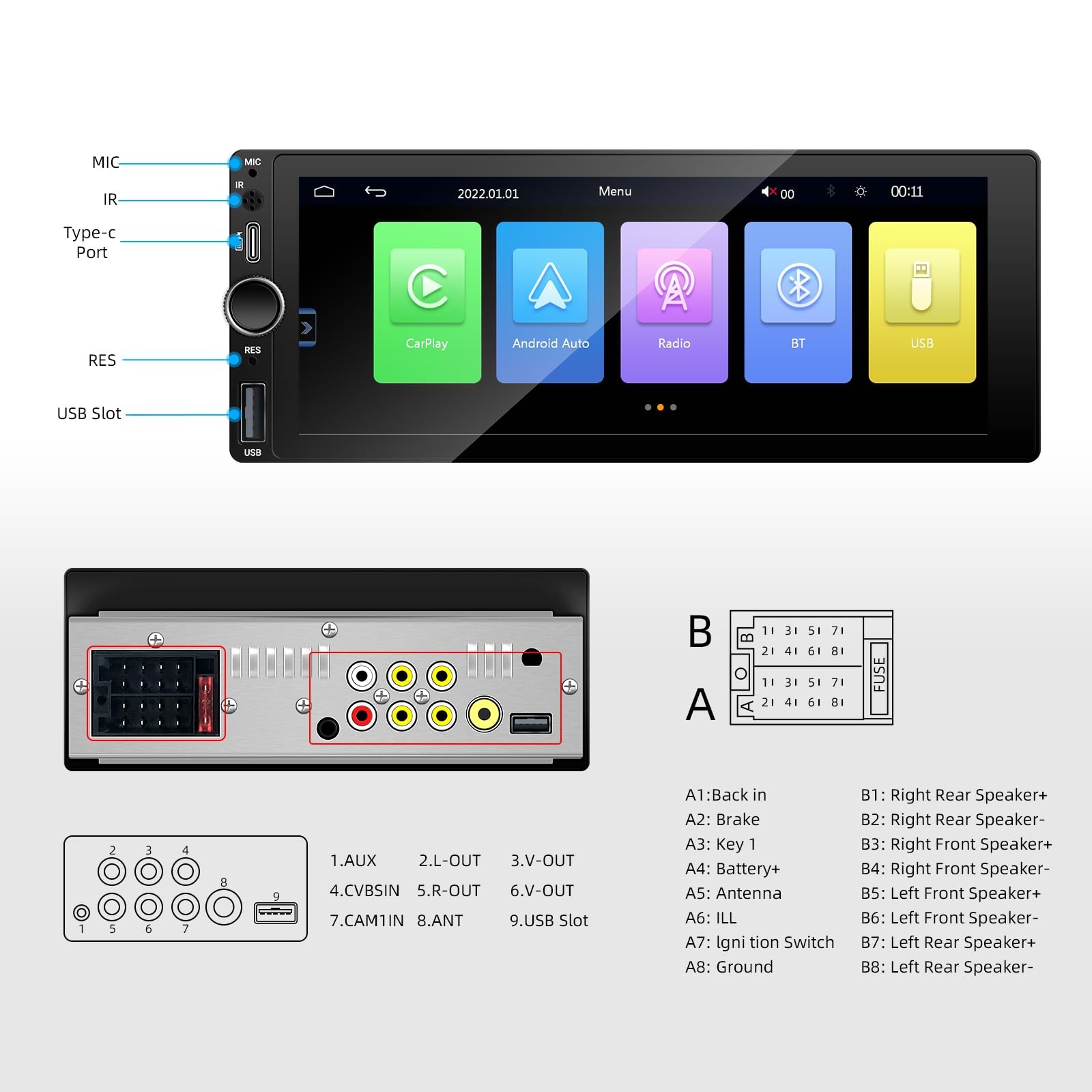 Single Din Car Stereo with Wireless Carplay Android Auto IPS black 6.86 Inch