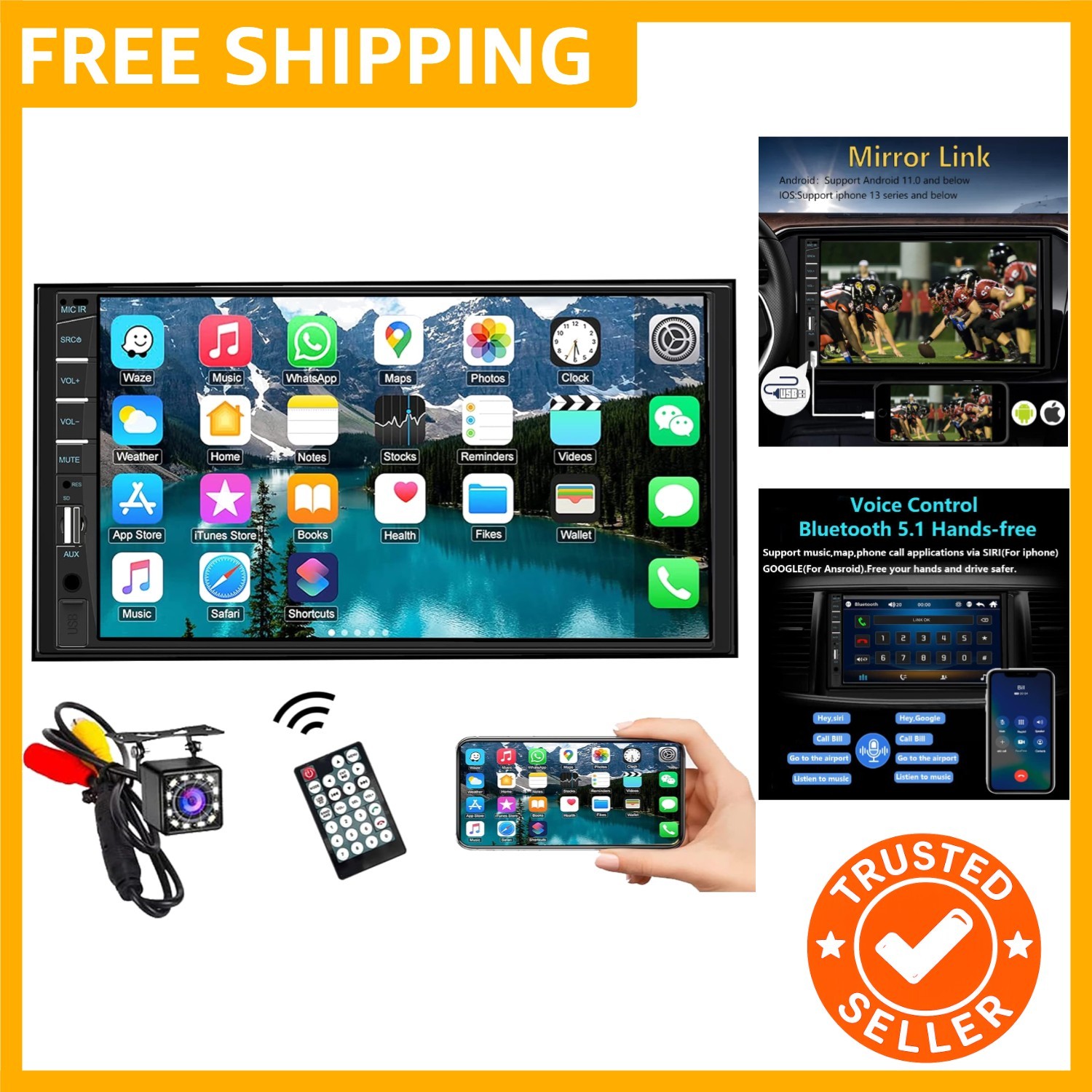 Bluetooth Double Din Car Radio with 7-Inch Display and Mirror Link Functionality