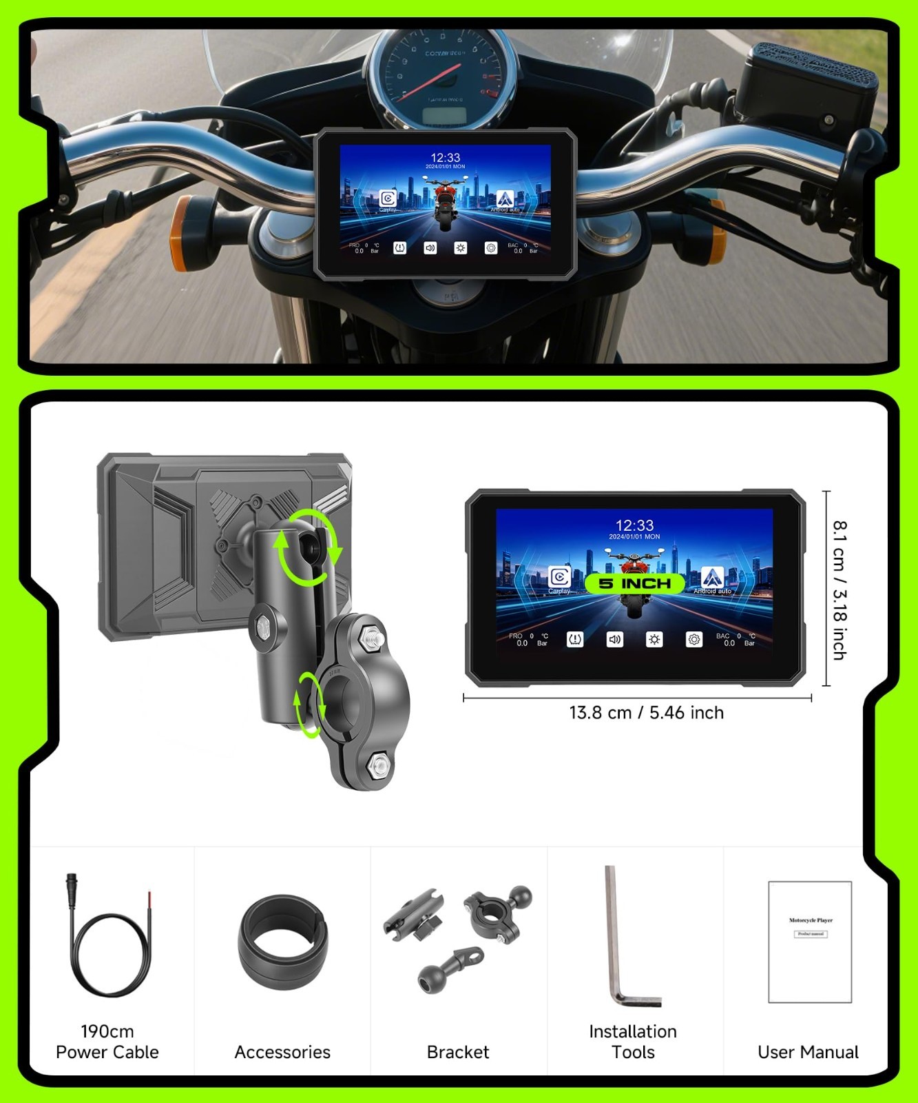 5″ Wireless CarPlay & Android Auto Screen for Motorcycle, IP68 Waterproof, GPS,