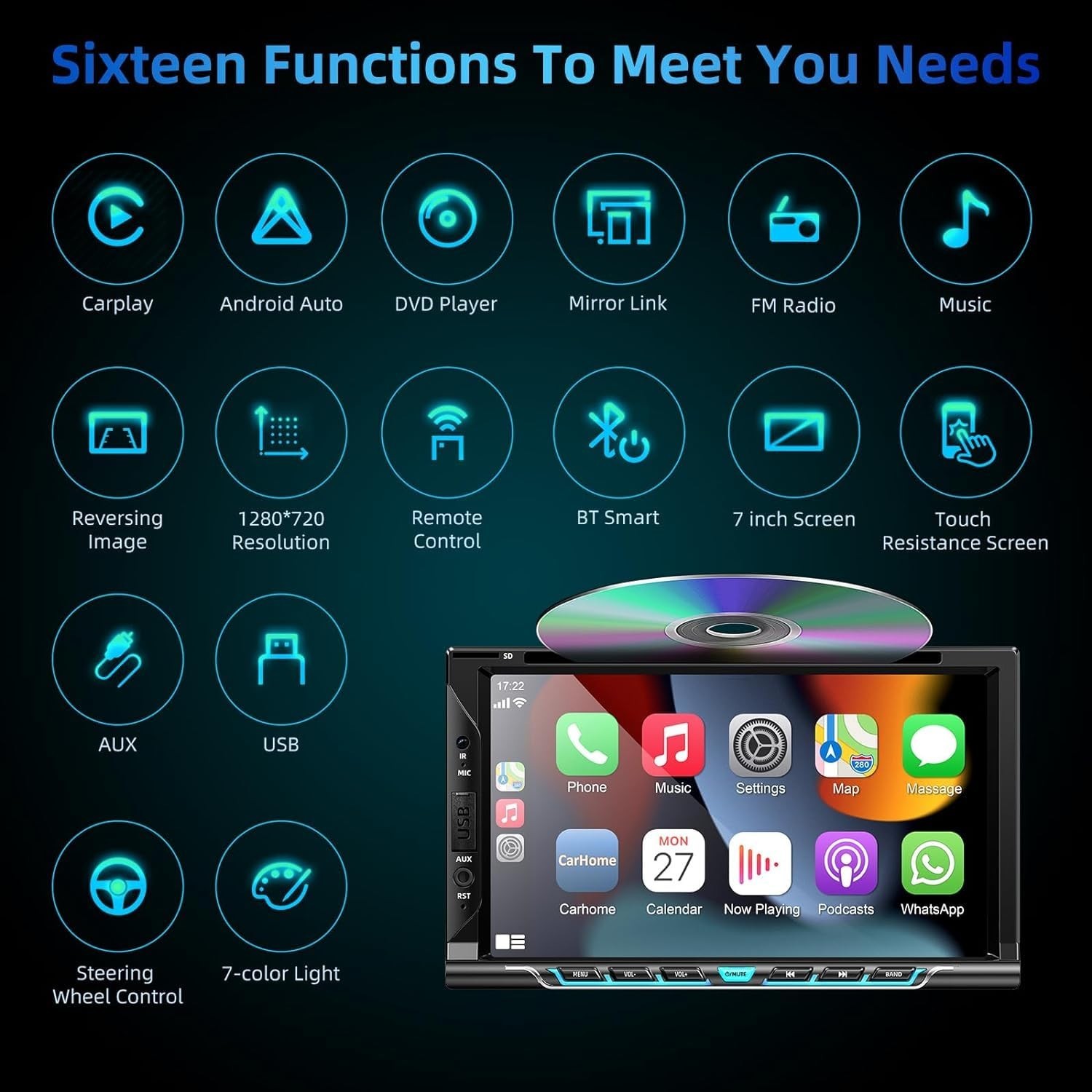 Double Din Car Stereo with Carplay&Android Auto,7 Inch HD Touchscreen Car Rad…