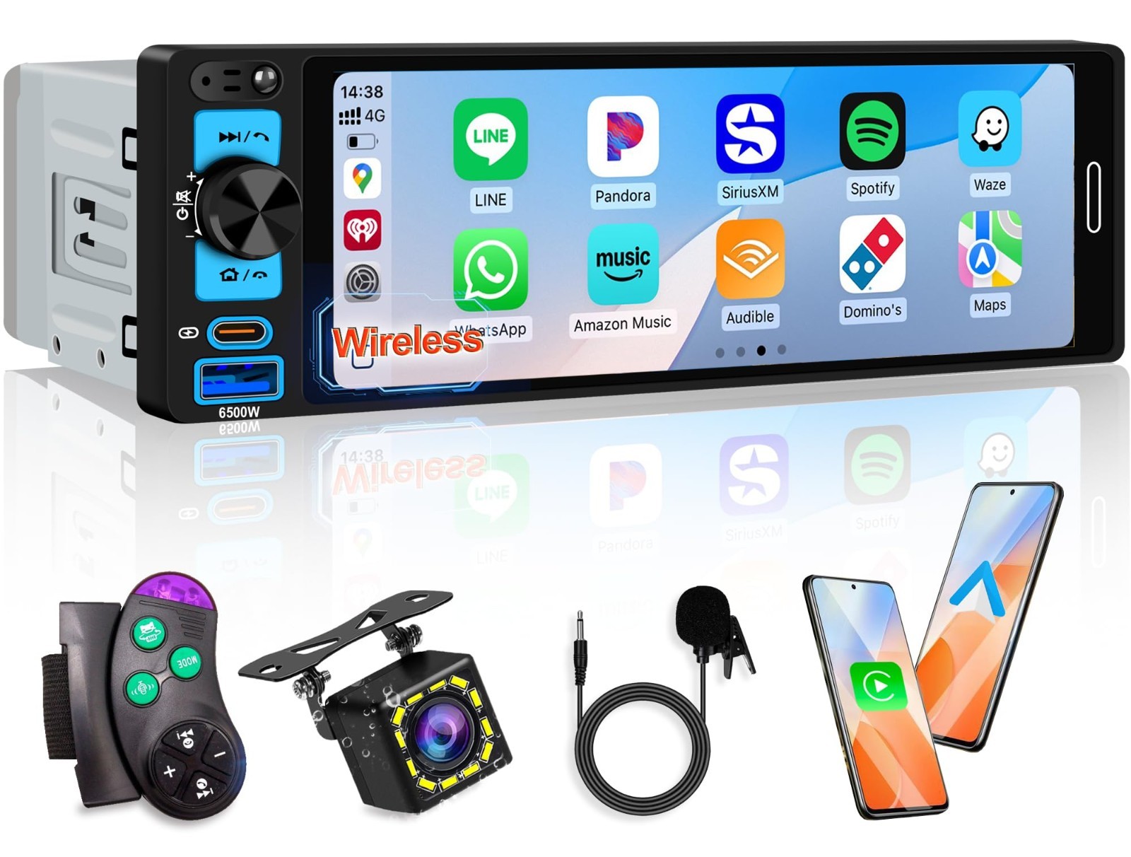 6.5″ Single Din Car Stereo with Wireless Apple CarPlay, Bluetooth 5.2, GPS, USB-