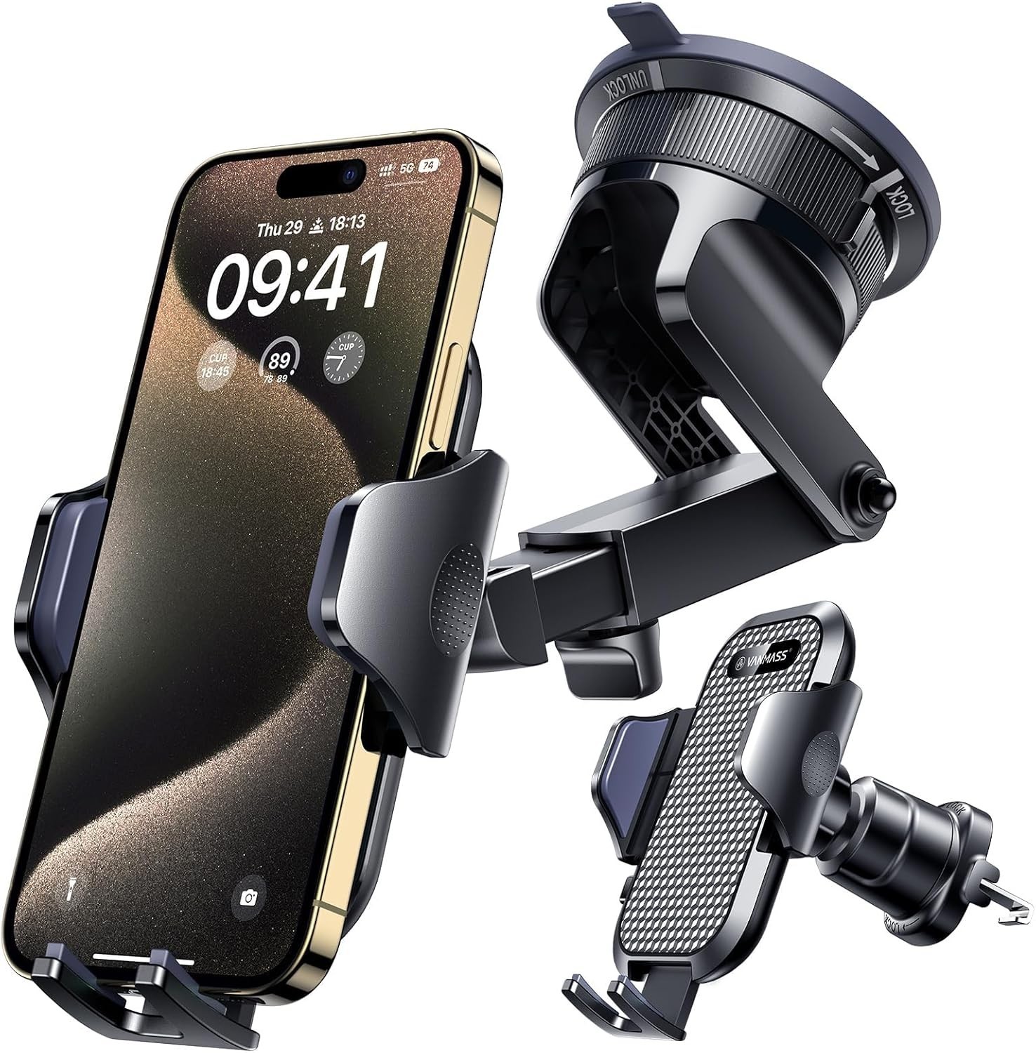 Car Phone Holder Military Grade Suction and Clip Adjustable Mount for Dashboard