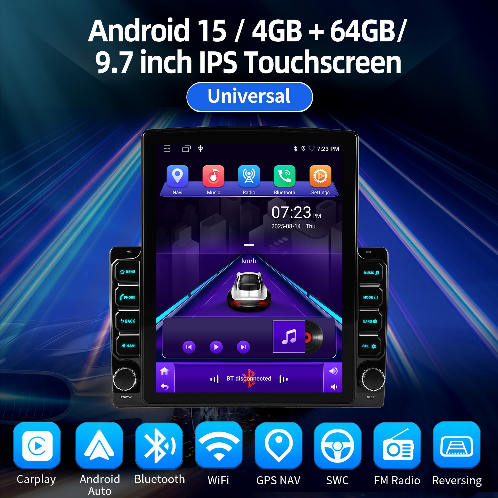 9.7″ Android 15 CarPlay 4+64GB Car Stereo Radio Double 2DIN WiFi GPS Navi+Cmaera