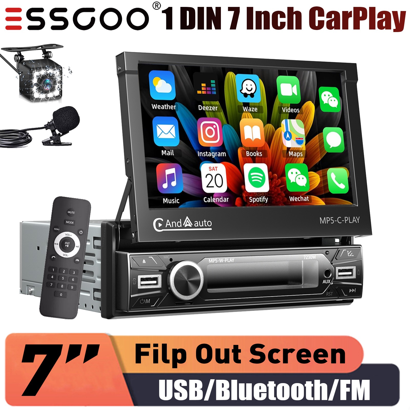 7″ Flip Out Car Stereo Apple CarPlay Single 1DIN MP5 Player USB BT FM+MIC&CAMERA
