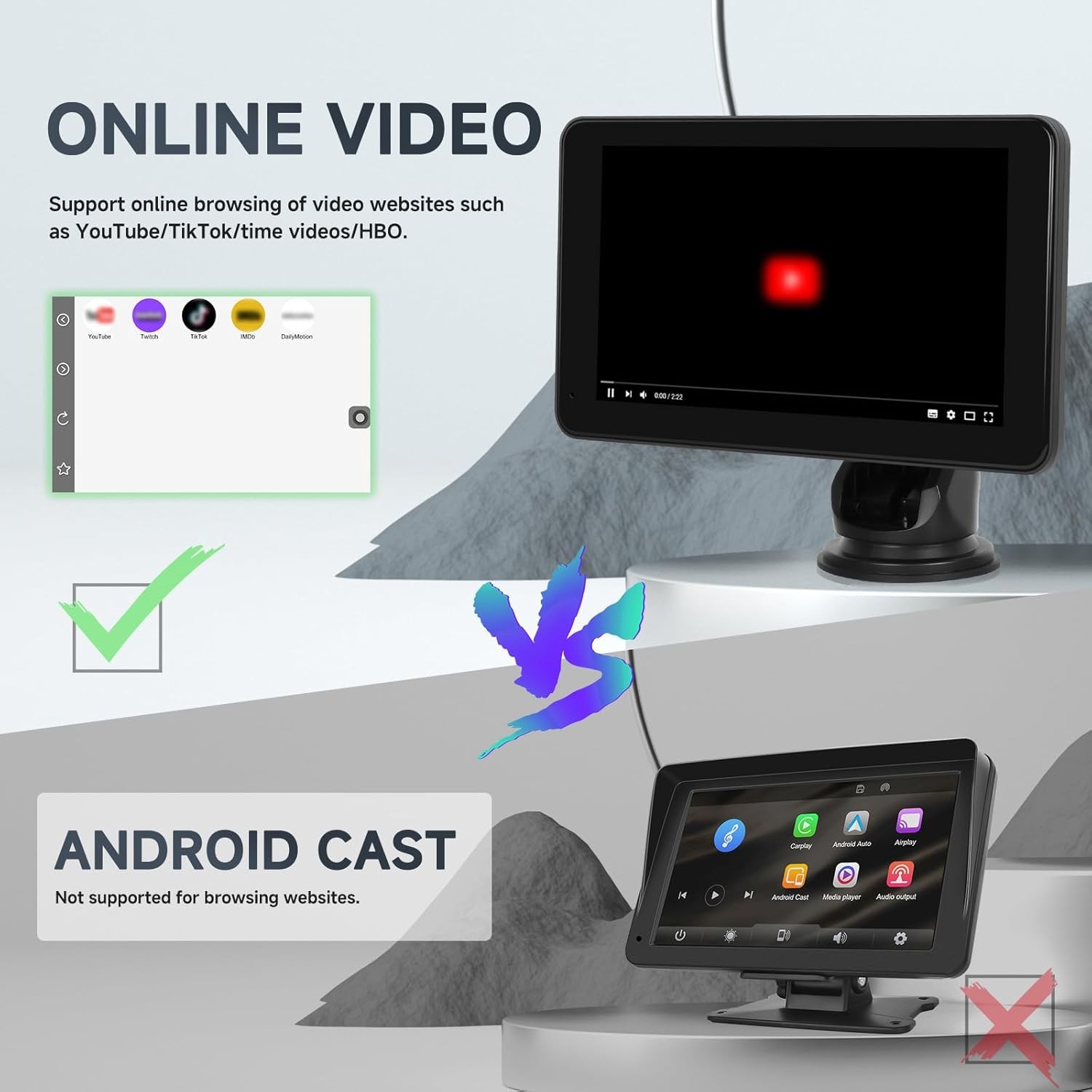 7″ PND Portable Car Player Wireless CarPlay Android Auto BT with Rearview Camera