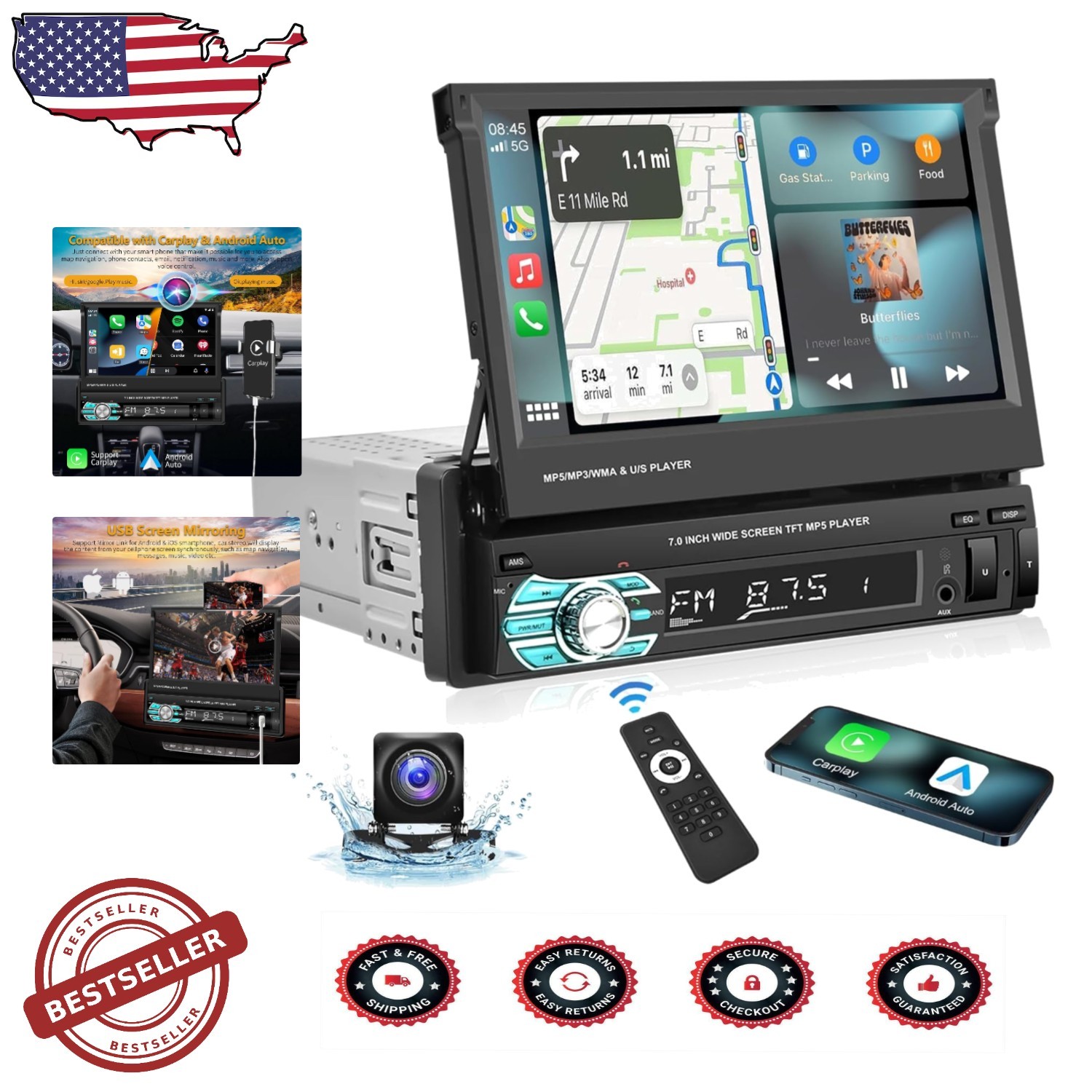 Single Din Car Radio – 7″ Flip Screen, Bluetooth, Mirror Link, AHD Backup