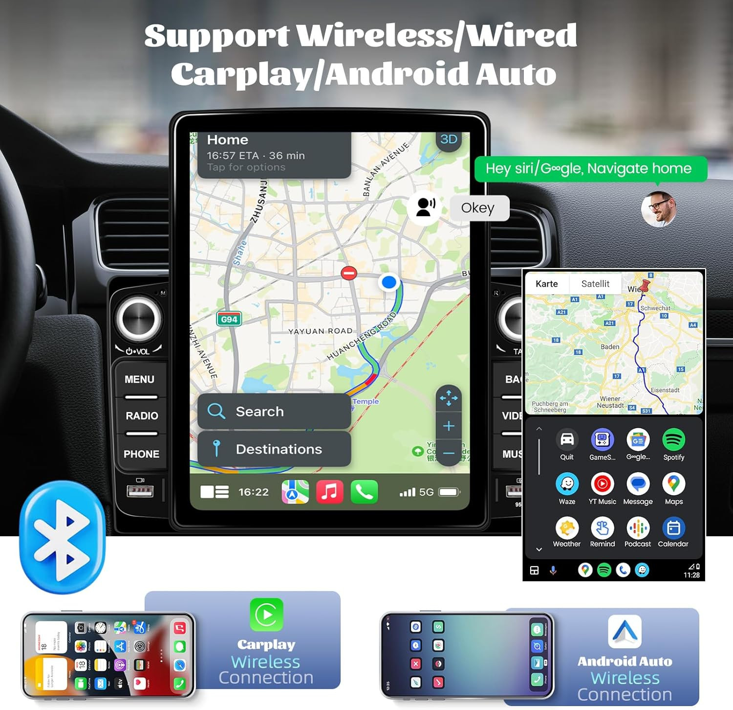 [2+64G] Android 15 Double Din Car Stereo with Wireless Carplay&Android Auto, 9.5