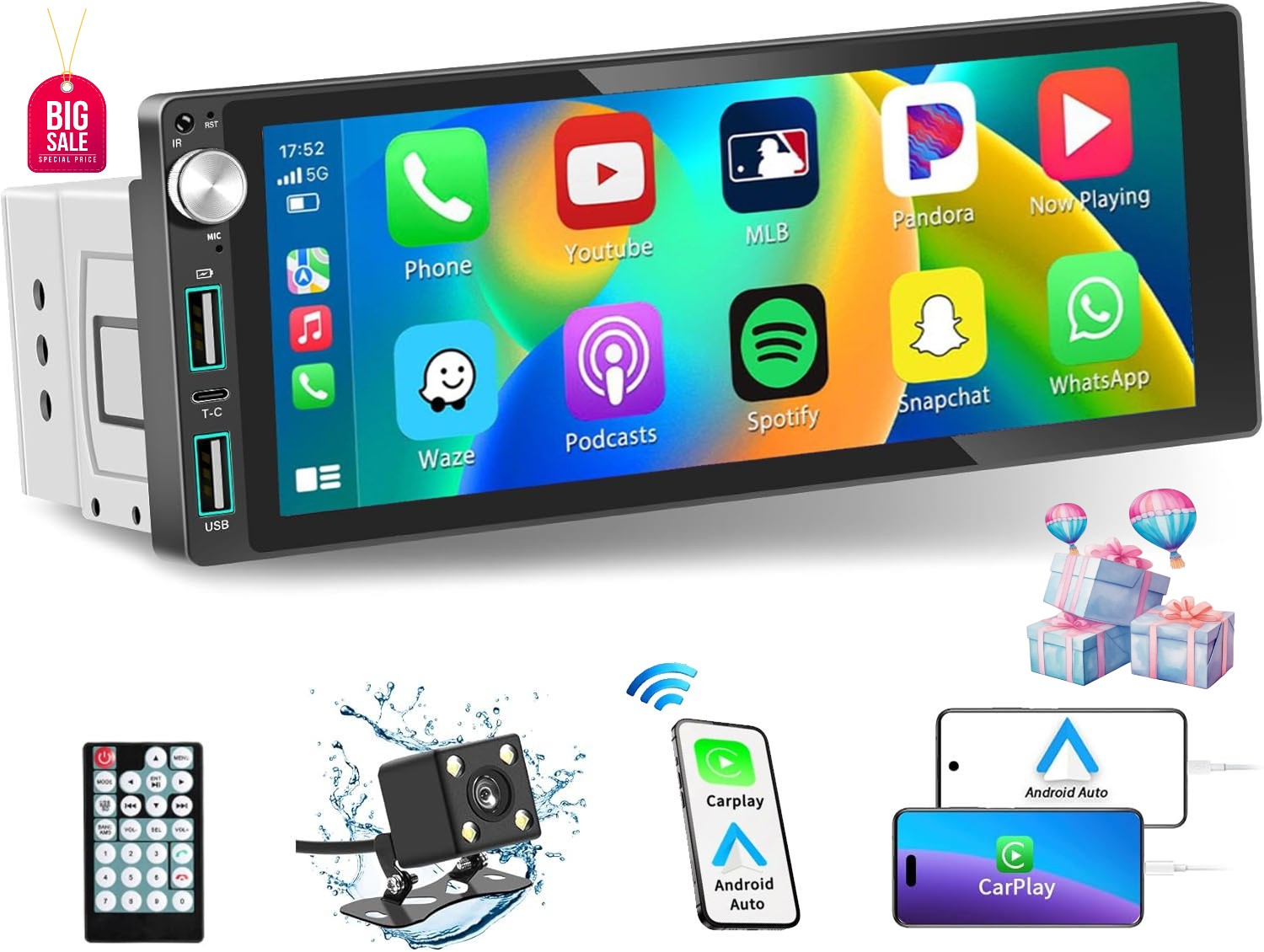 Single 1 Din Car Stereo Apple CarPlay 6.9” touchscreen Bluetooth Radio SWC USB