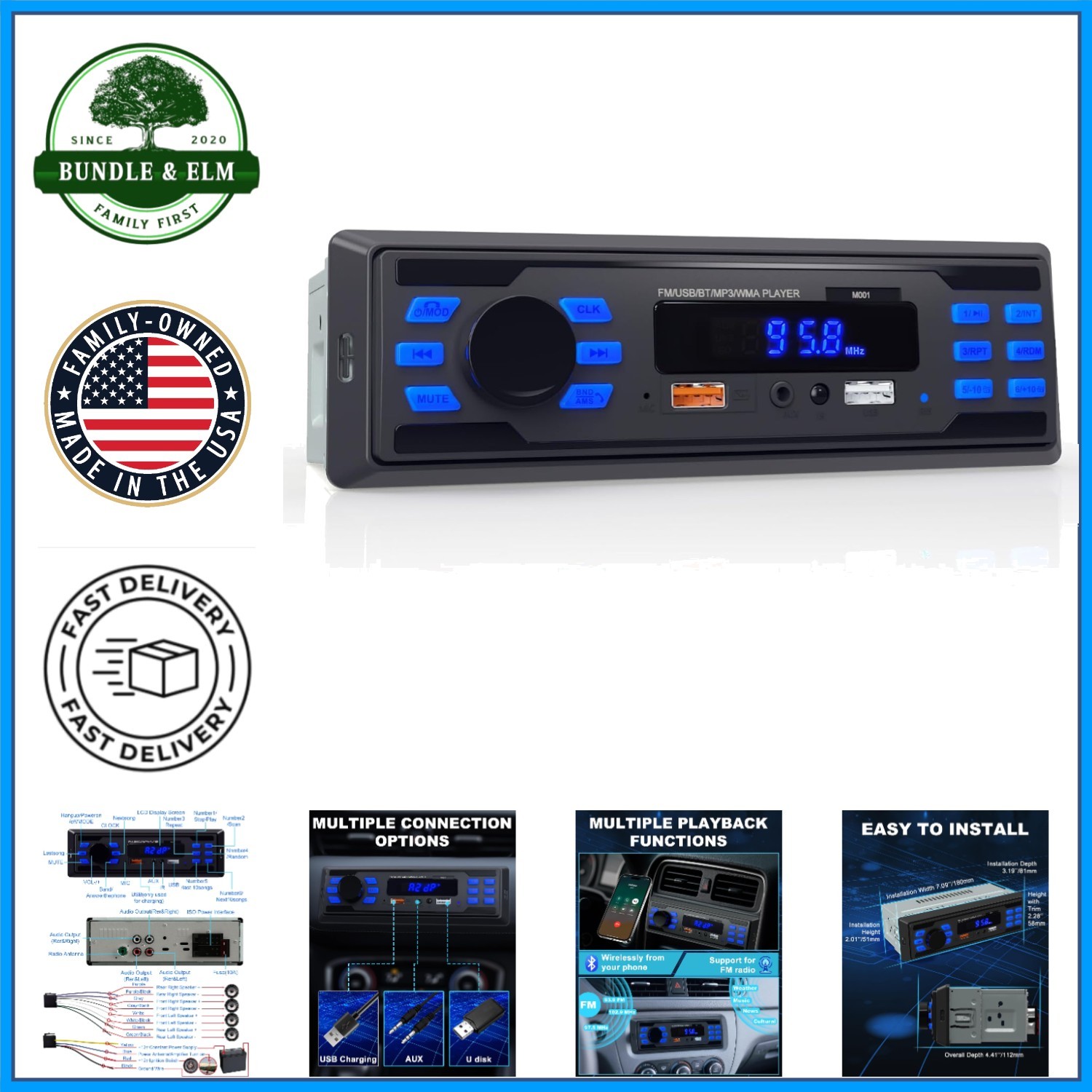Car Stereo System with Push Button Control, USB Ports and Bluetooth Connectivity