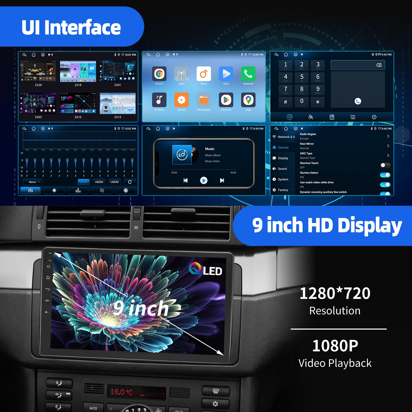 6+128GB QLED 9″ 2DIN Car Stereo Radio Carplay Android 15 8 Core GPS WIFI 4G LTE