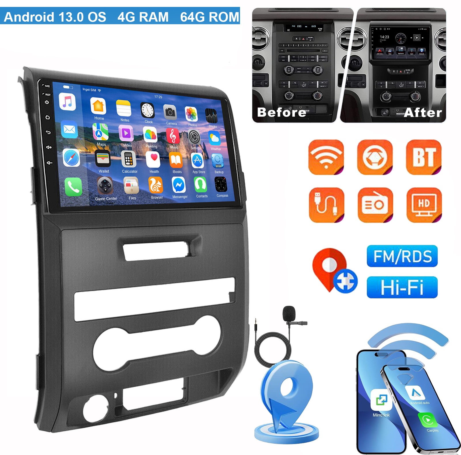 For Ford F150 2009-2014 Carplay Android 13 Car Stereo Radio GPS Navi Wifi BT SWC