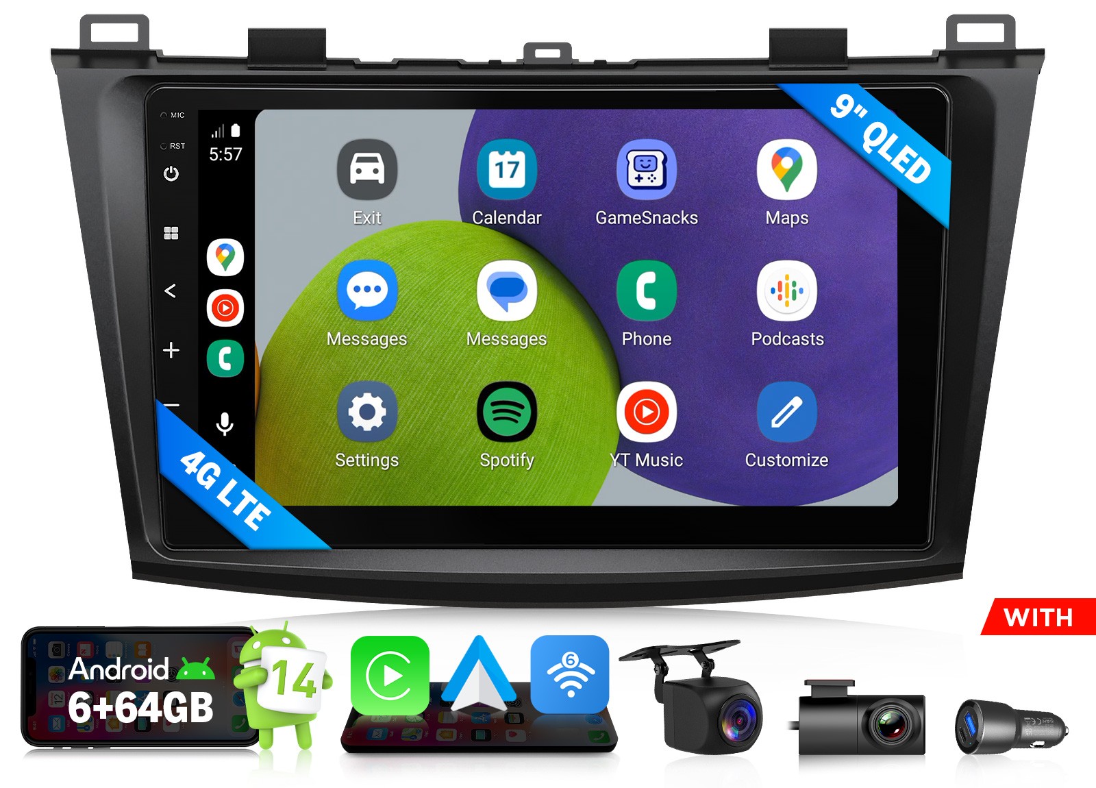 Eonon M3BLX7S QLED 6+64 9″ Android 14 Car Radio CarPlay for Mazda3 2010-2013 SWC