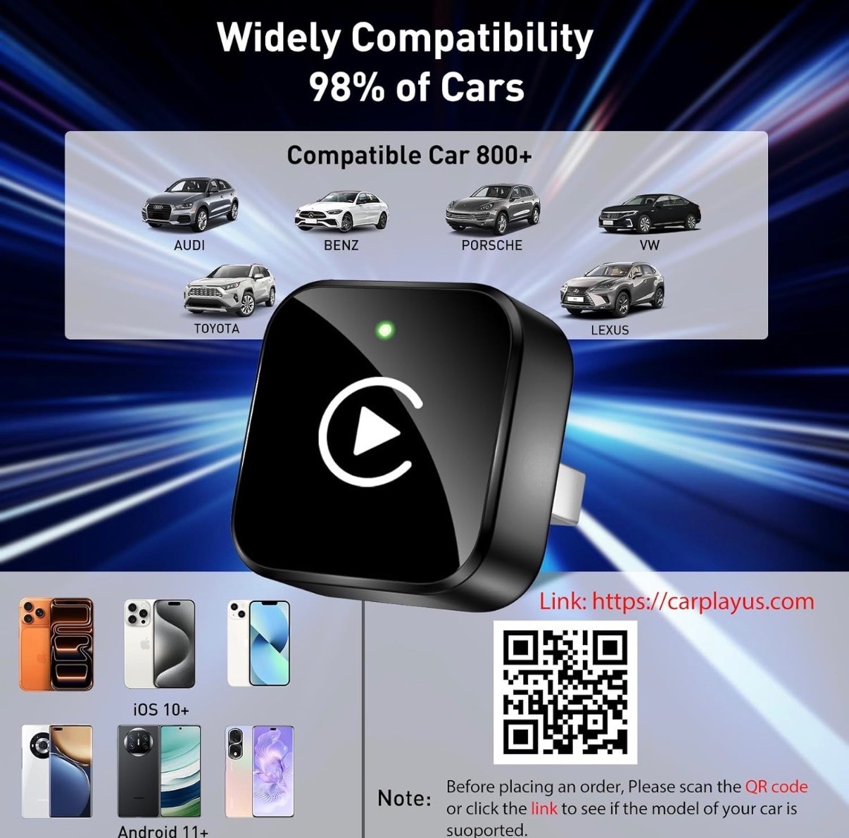 iGENJUN Wireless CarPlay Adapter USB/USB-C Plug & Play for iPhone & Android