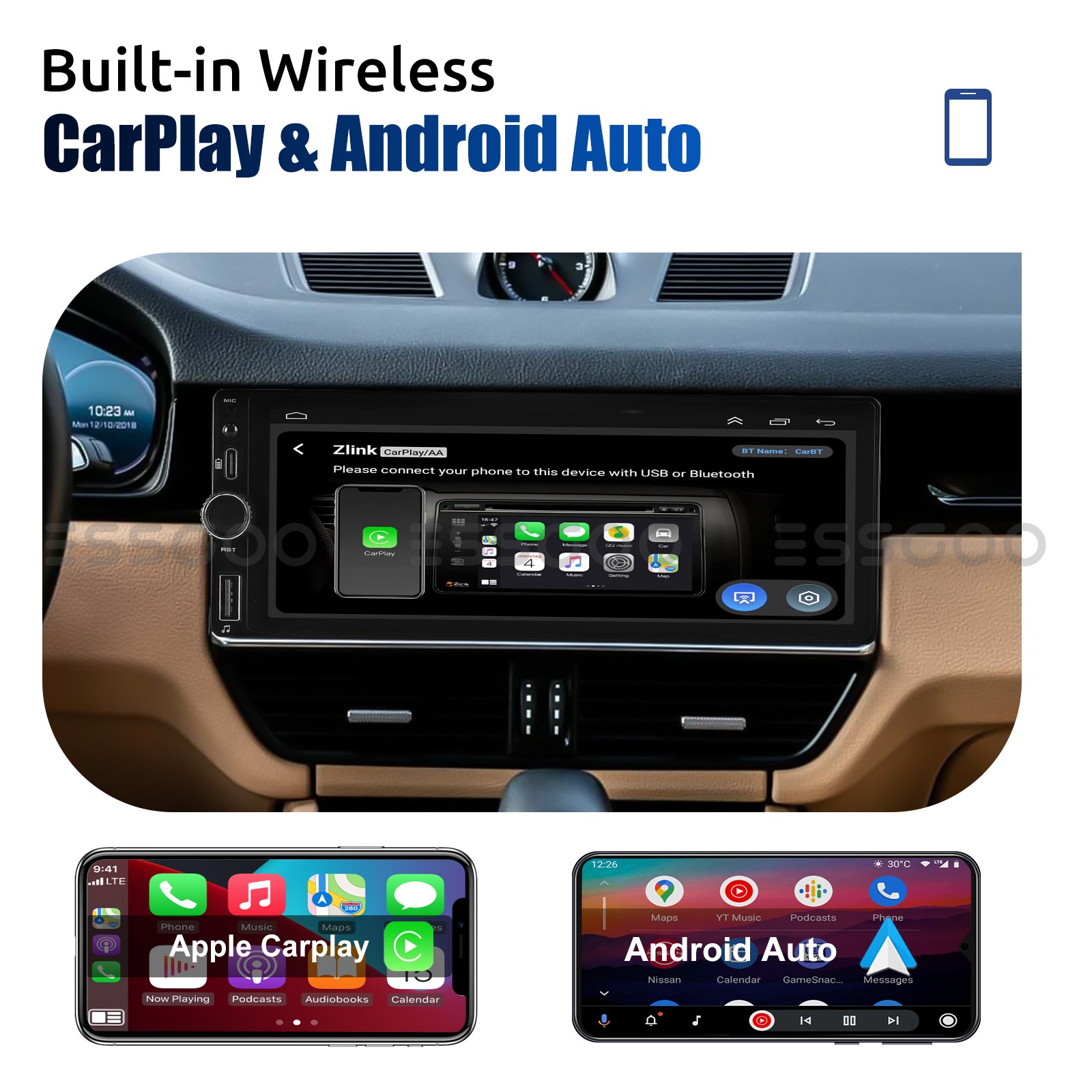Single Din Car Stereo Radio 6.8″ Touch Screen Bluetooth CarPlay USB +MIC&Camera
