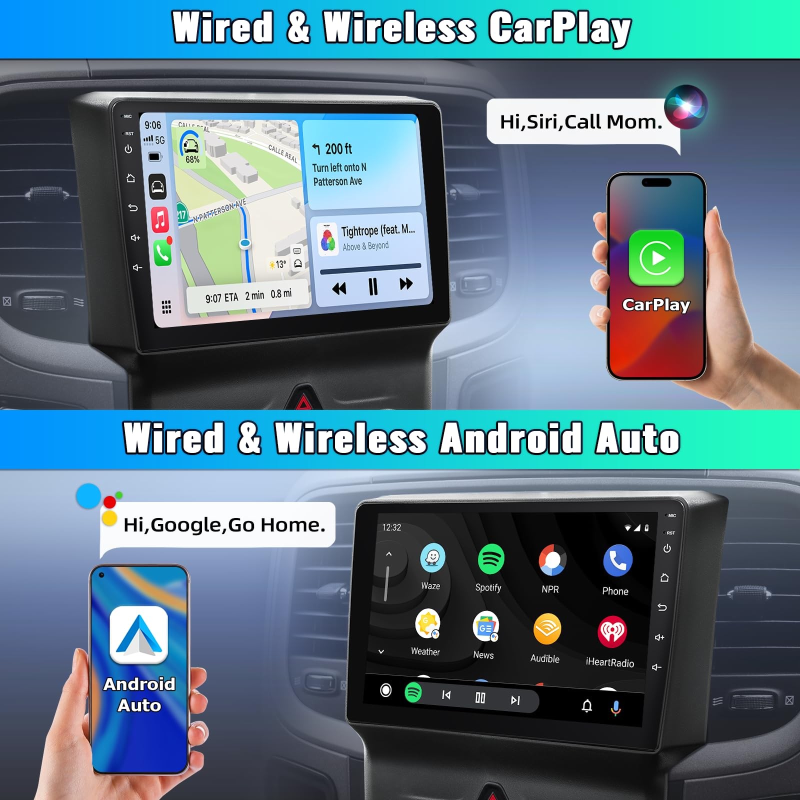9″ Wireless Carplay Stereo for 2013-2018 Dodge Ram 1500 2500 3500 w/ Manual AC