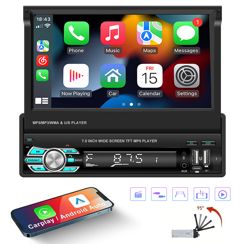 Single 1DIN Car Radio Wireless Carplay 7 Inch Stereo MP5 Player Bluetooth Camera