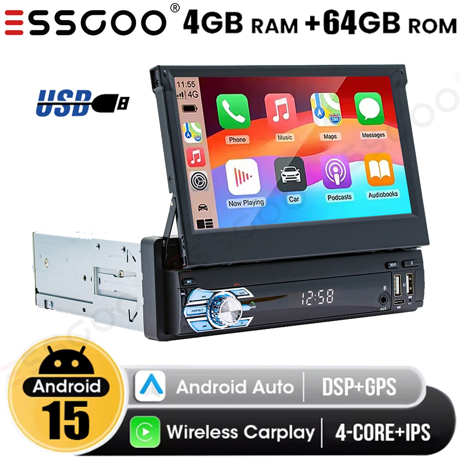 Android 15 4+64GB 1 DIN Car Radio Stereo 7″ Flip Out Touch Screen Carplay GPS BT