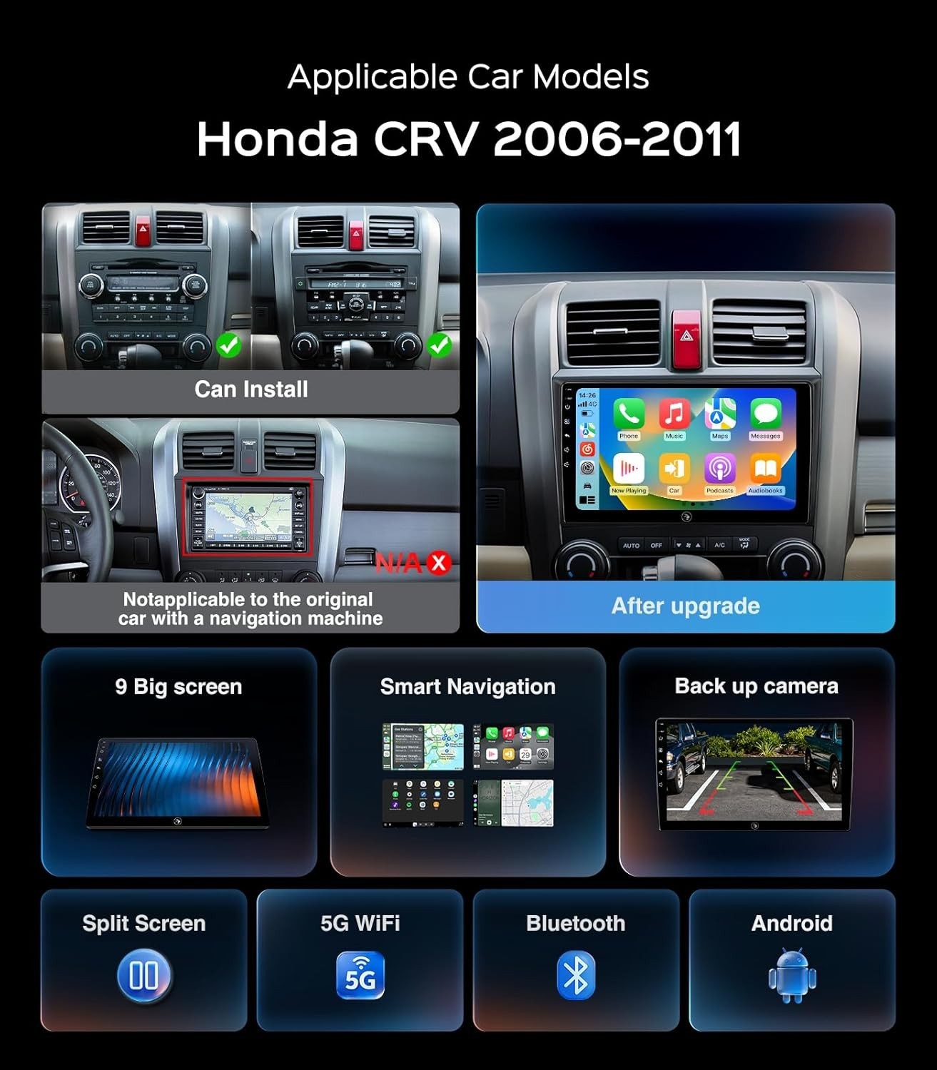 9″ 32G Android Auto Carplay Stereo for Honda CRV 2006-2011; Free Camera