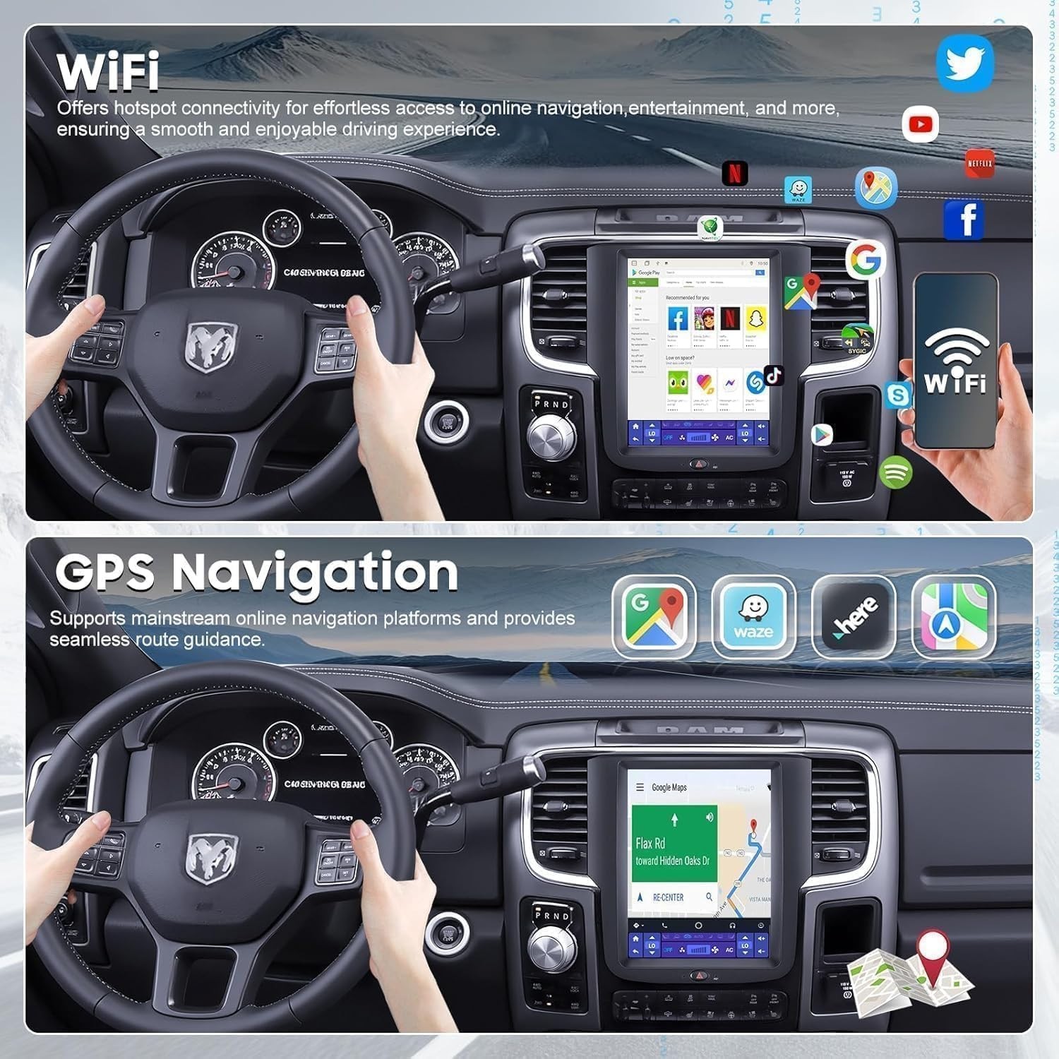 10.4″ Car Radio Upgrade Dash Kit for 13-18 Dodge Ram Android 13 8Core 4+64GB
