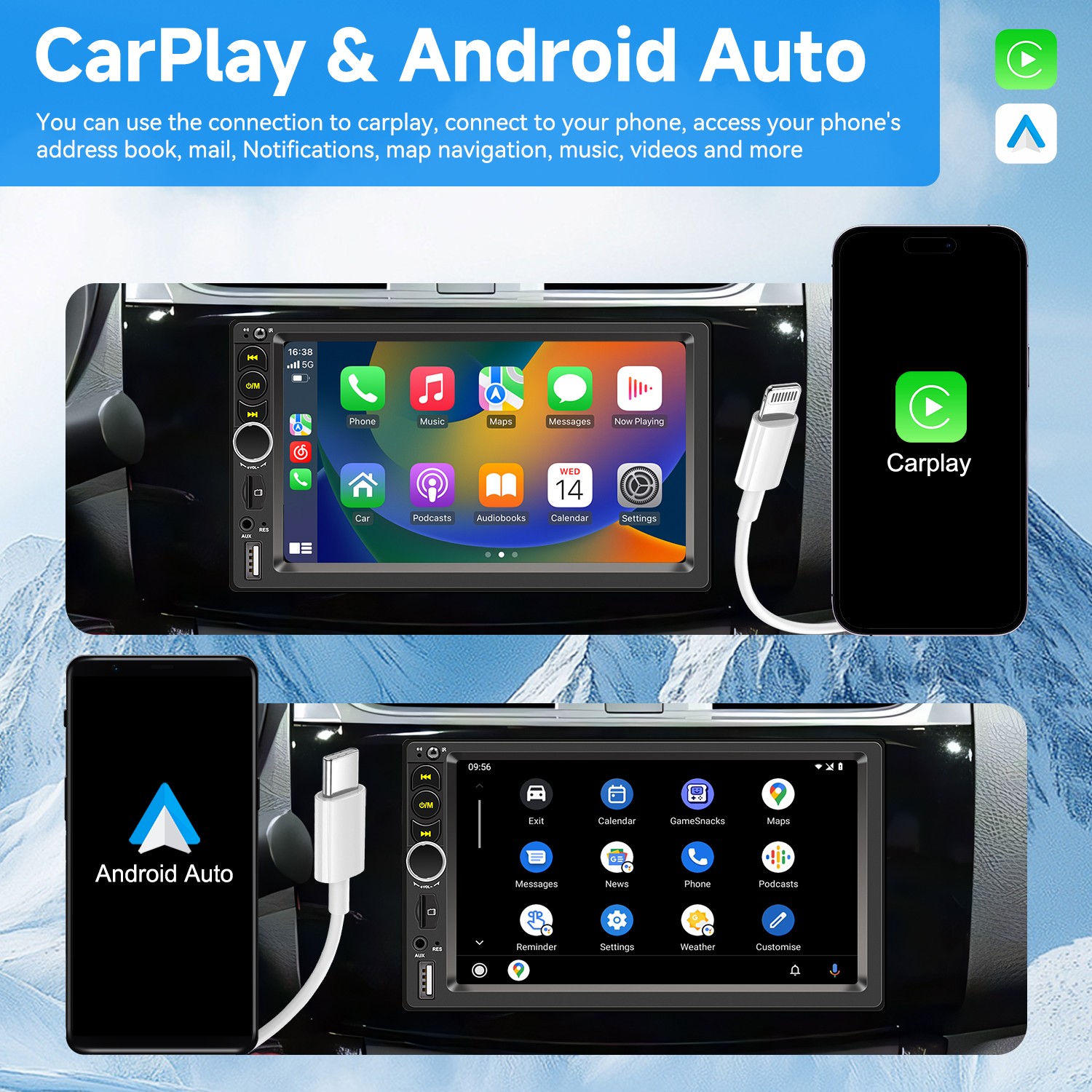 2DIN Double 7” Touchscreen Car Stereo with Bluetooth, GPS& Apple/Android CarPlay