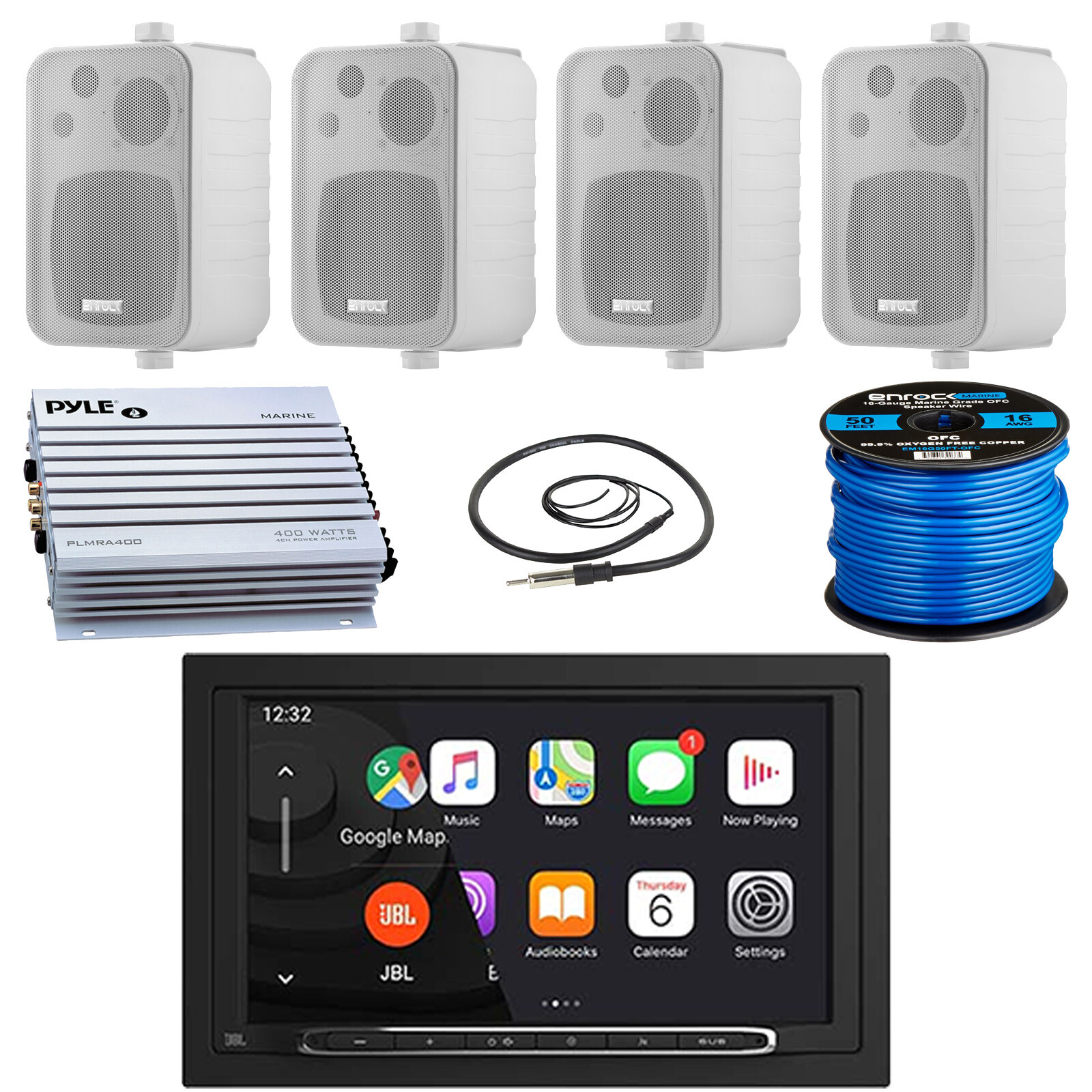 JBL 2-DIN Receiver, 4x 4″ 30W Max In Door/Out Door Speakers, 4 Channel Amplifier