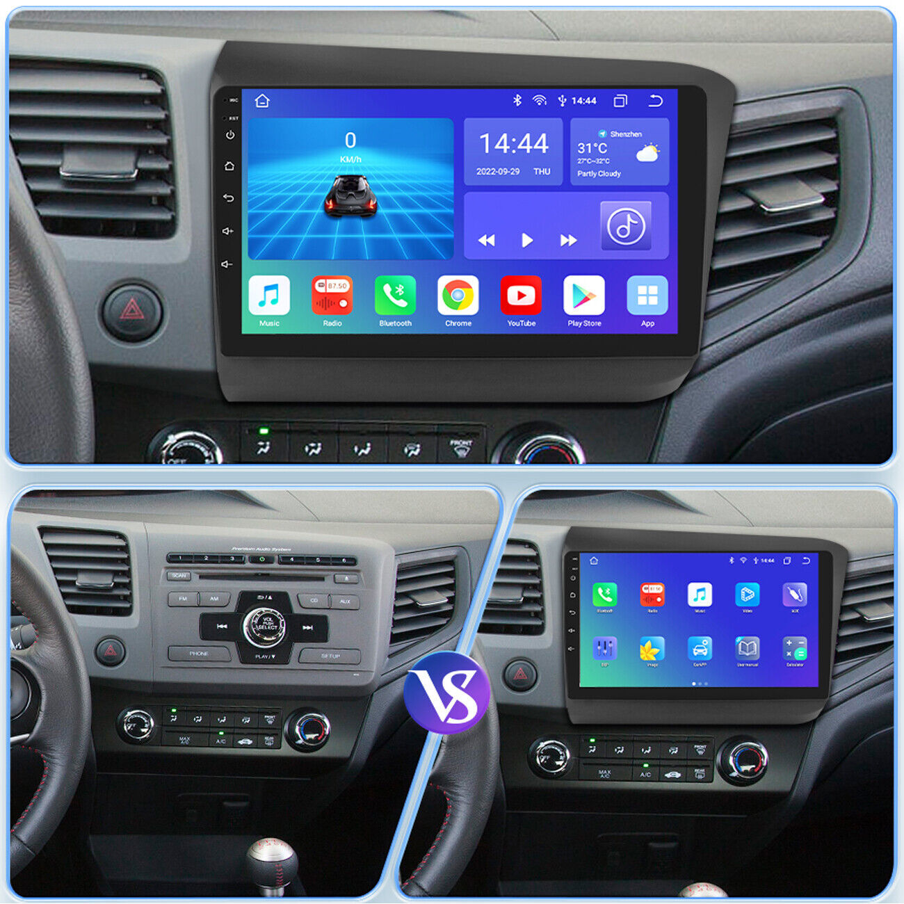 For Honda Civic 2012 Apple CarPlay Auto Android 12 Car Radio Stereo Wifi