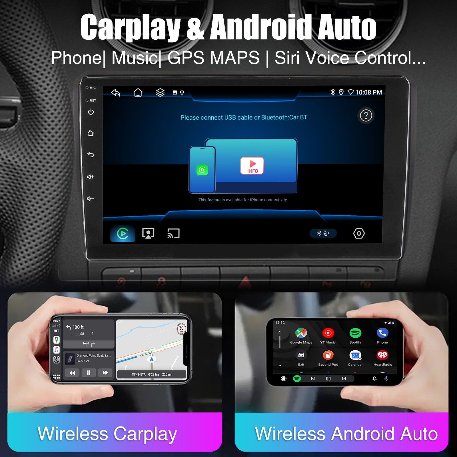 Carplay 2 DIN Android 15 6+128GB 10.1″ Car Stereo Radio Head Unit 8core GPS Navi