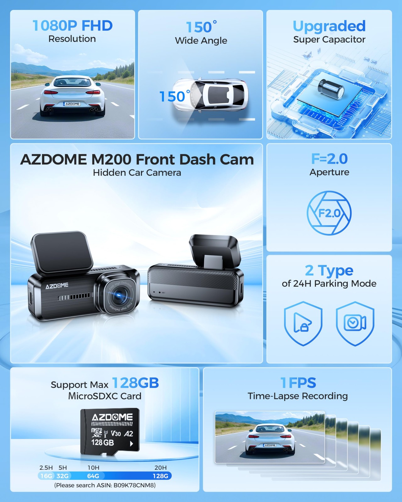 Azdome M200 Mini 1080P WiFi Dash Cam for Cars, Hidden Front Dash Camera
