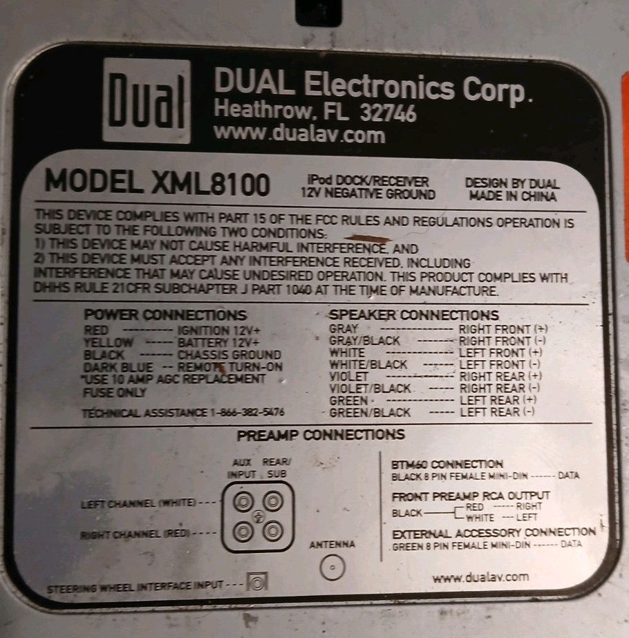 Dual Electronics XML8100 AM/FM Car Receiver with iPod Docking UNTESTED/PARTS