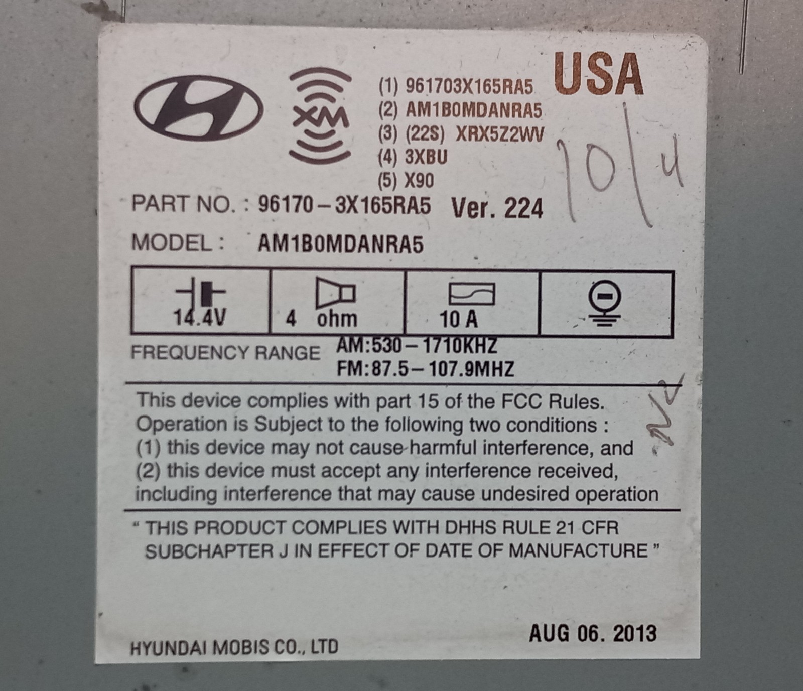 2013 HYUNDAI ELANTRA AM FM CD MP3 RADIO ID-96170-3X165RA5 Ver.224