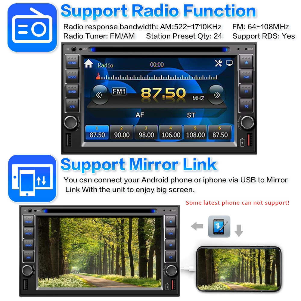 2 Din USB/SD/AUX Stereo Bluetooth Touch Screen 6.2″ DVD/CD Player Remote control