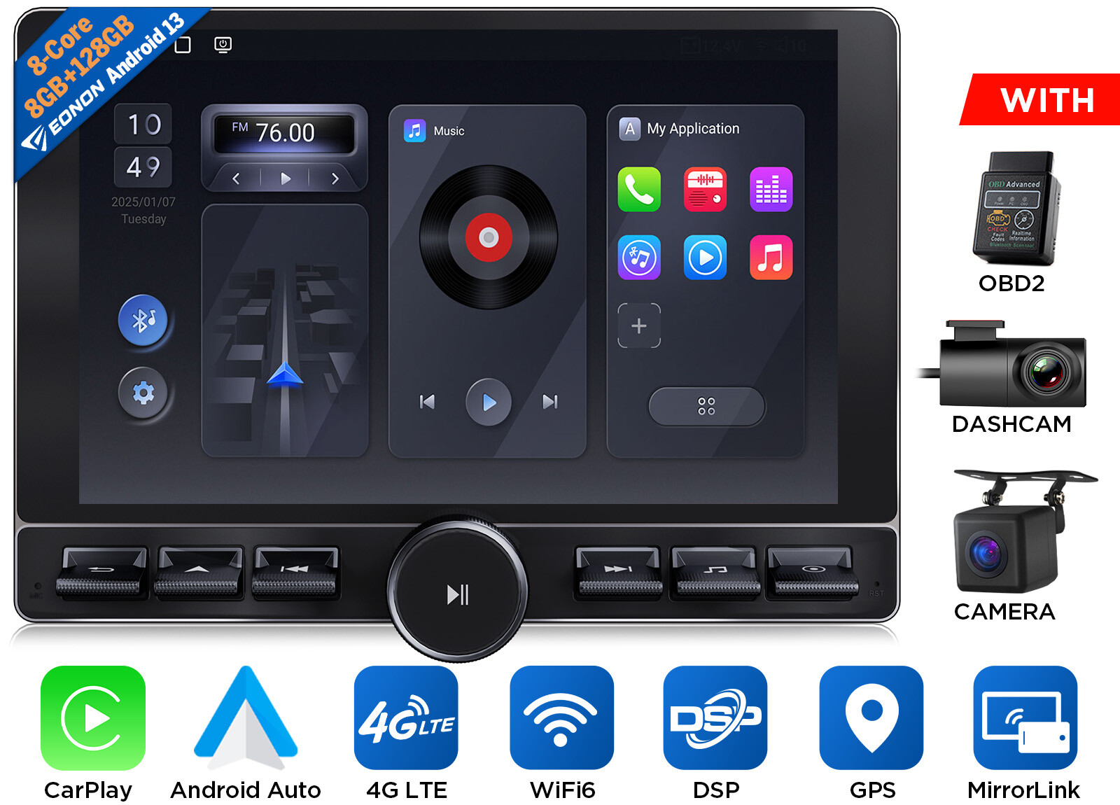 Double DIN 10.1″ Android Auto 13 8+128 Carplay Car Stereo Radio GPS DSP Headunit
