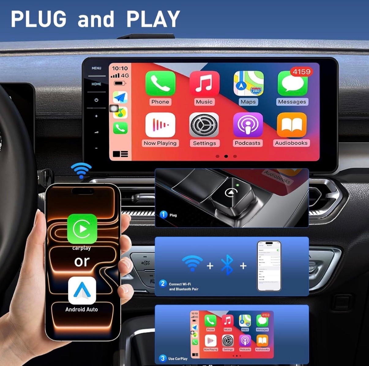 iGENJUN Wireless CarPlay Adapter USB/USB-C Plug & Play for iPhone & Android