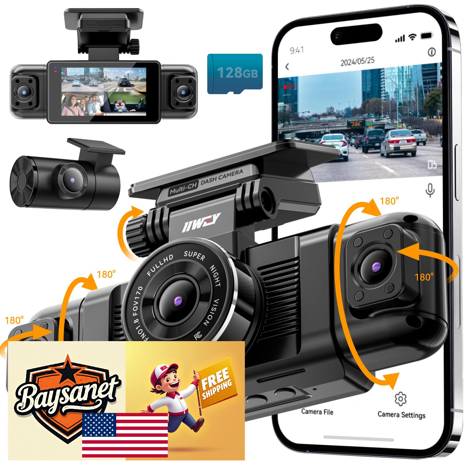 IIWEY N5 4-Channel 360 Dashcam 1080P Front+Rear+Inside WiFi Night Vision 128GB S