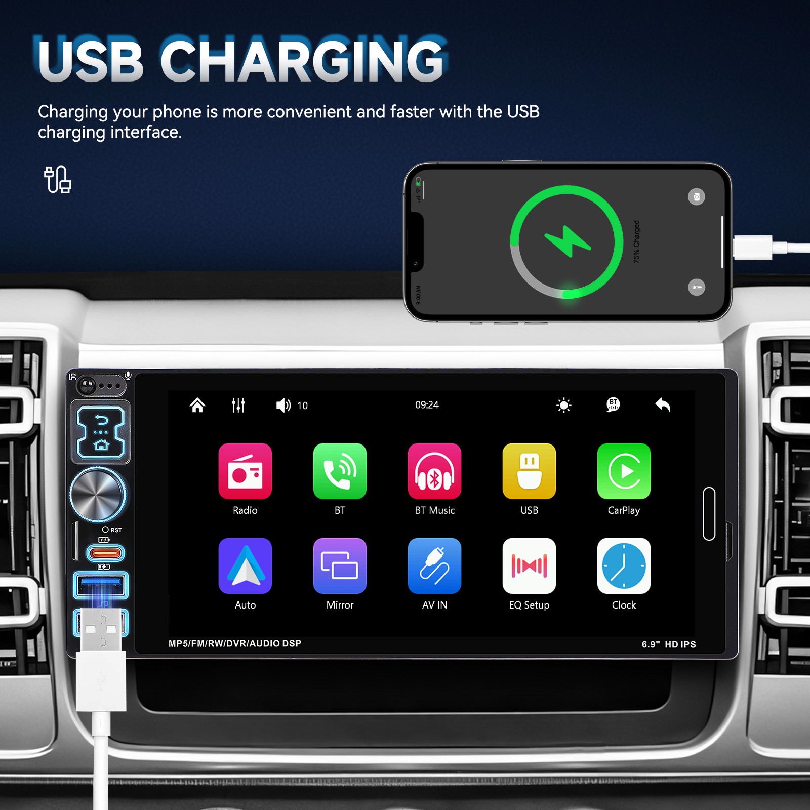 6.9″ Single Din Car Stereo Wireless CarPlay touchscreen Bluetooth Radio USB CAM