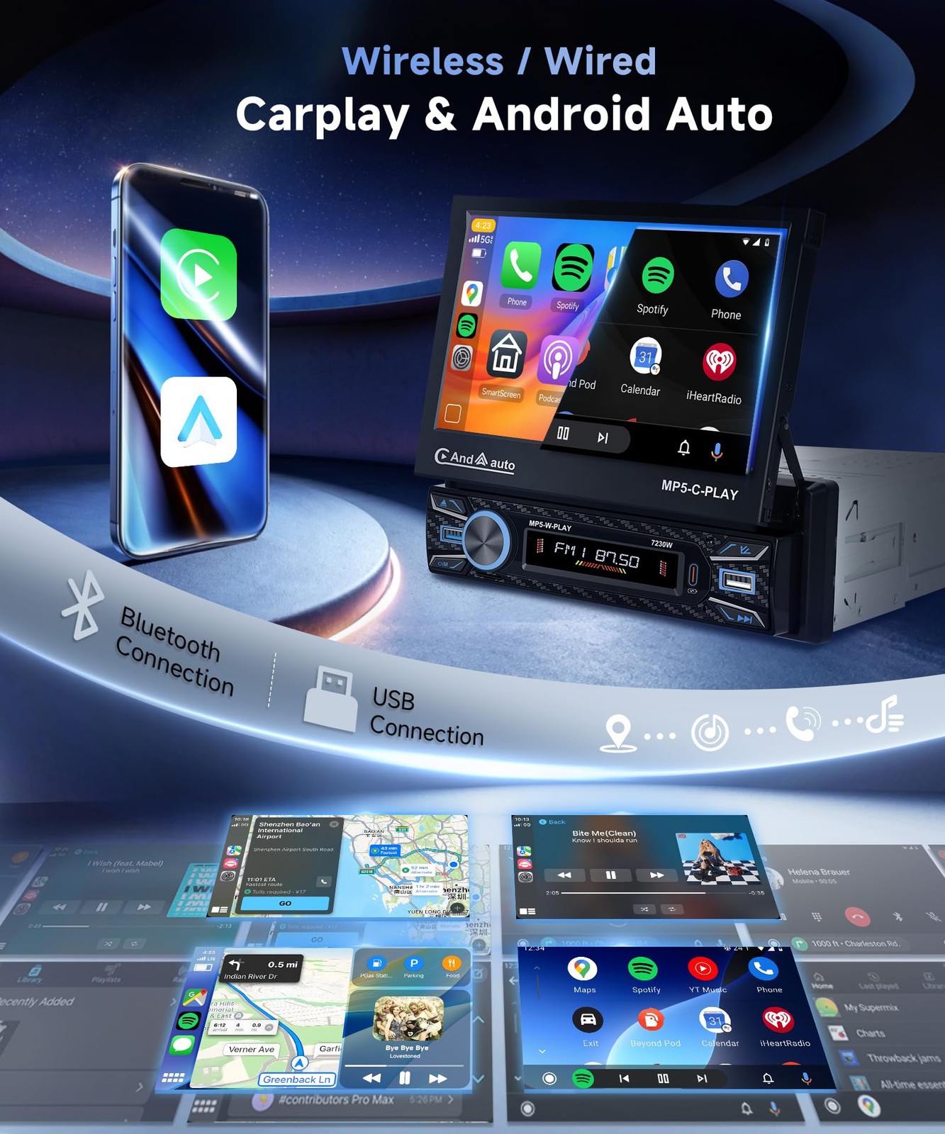 Orderich Single Din Car Stereo Touch Screen Flip Out Wireless Carplay Black
