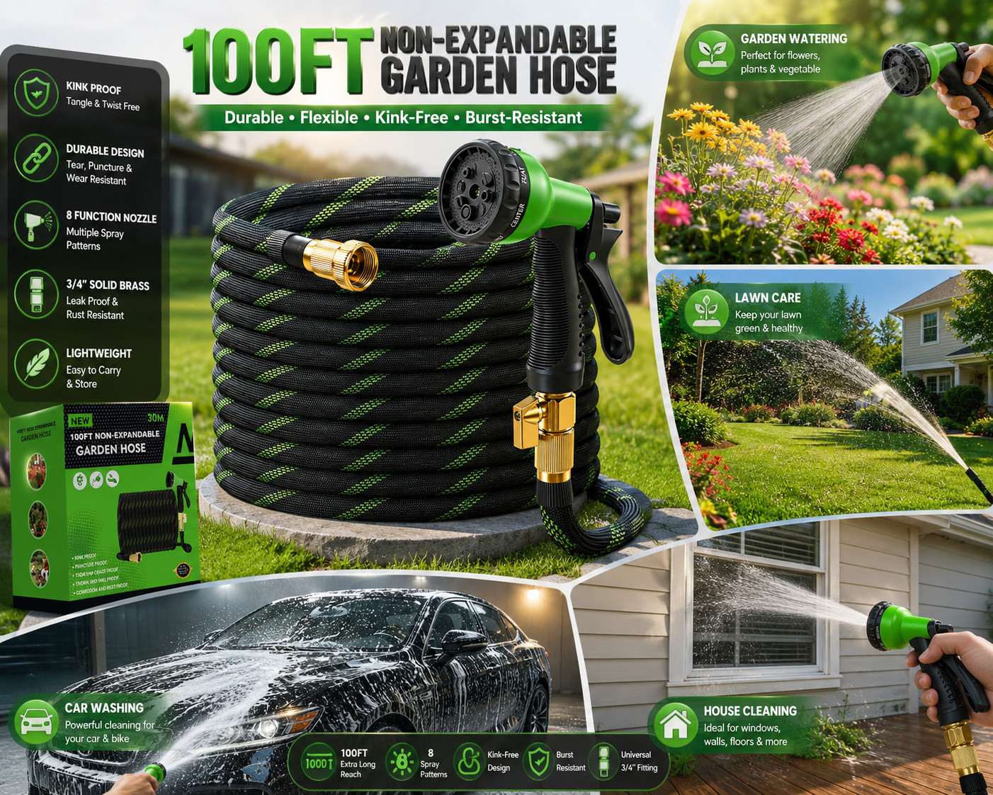 100ft Garden Hose, Non-Expandable Water Hose with 8 Function Spray Nozzle, Light