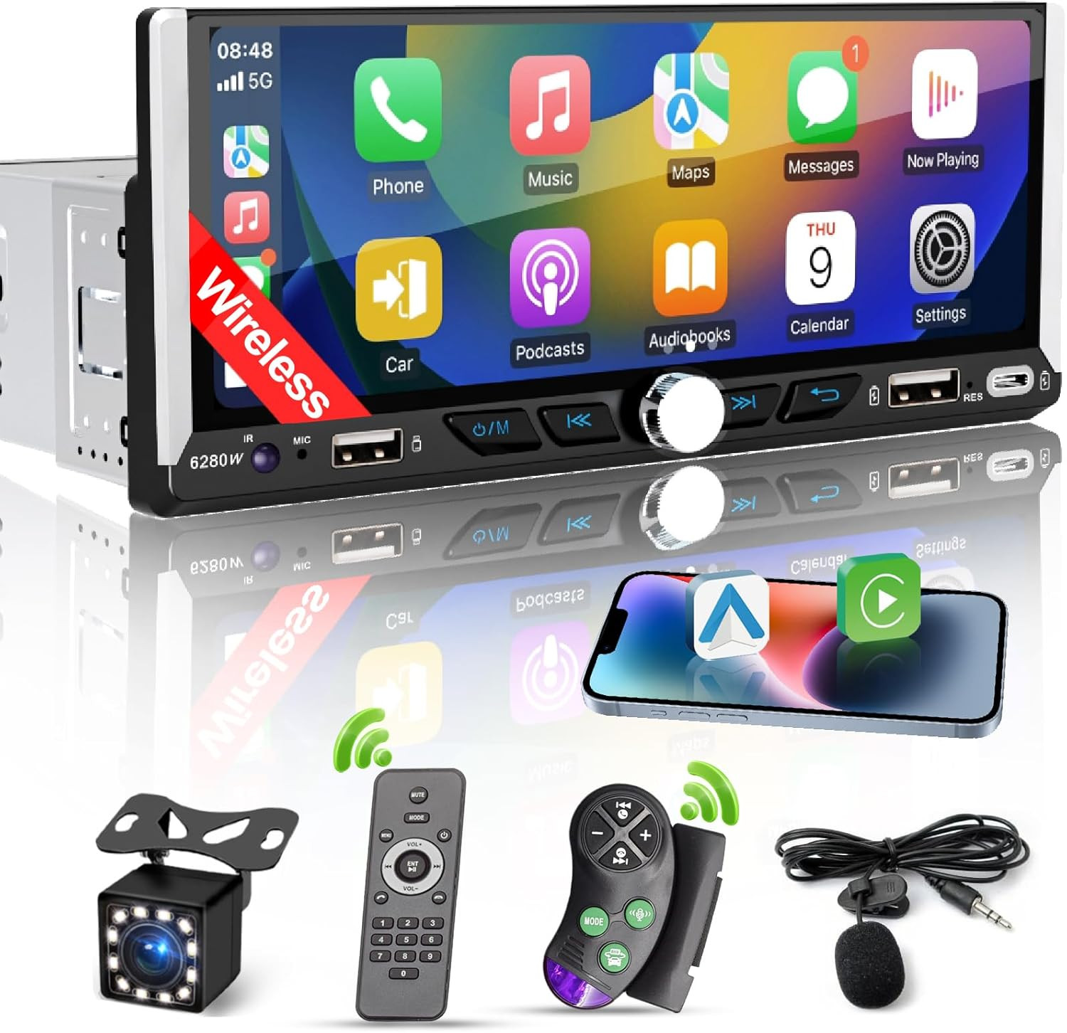 Radio de coche de un solo DIN compatible con Apple Carplay inalámbrico,