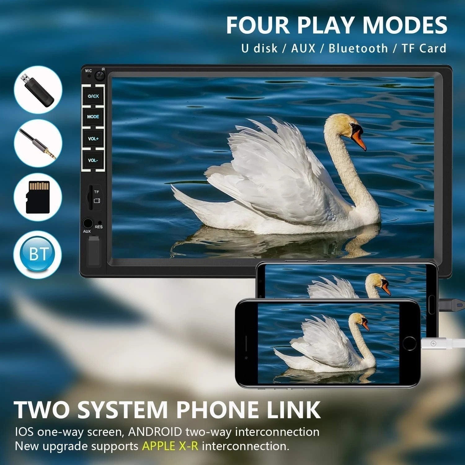 Double Din 7-Inch Touchscreen Receiver with USB and Bluetooth Connectivity