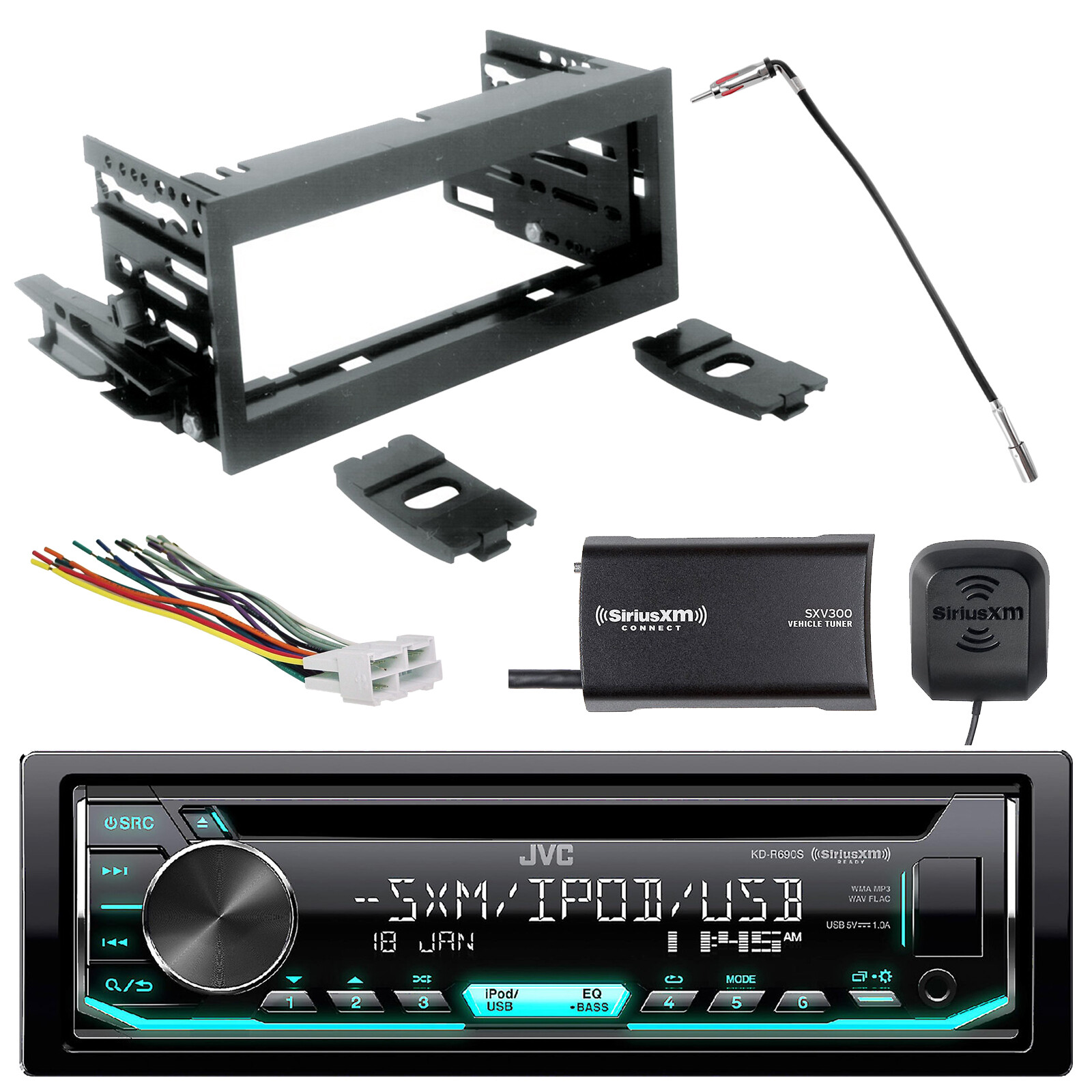 JVC Single-DIN CD AM/FM Radio w/ SiriusXM Tuner + Kit, Harness, Antenna Adapter
