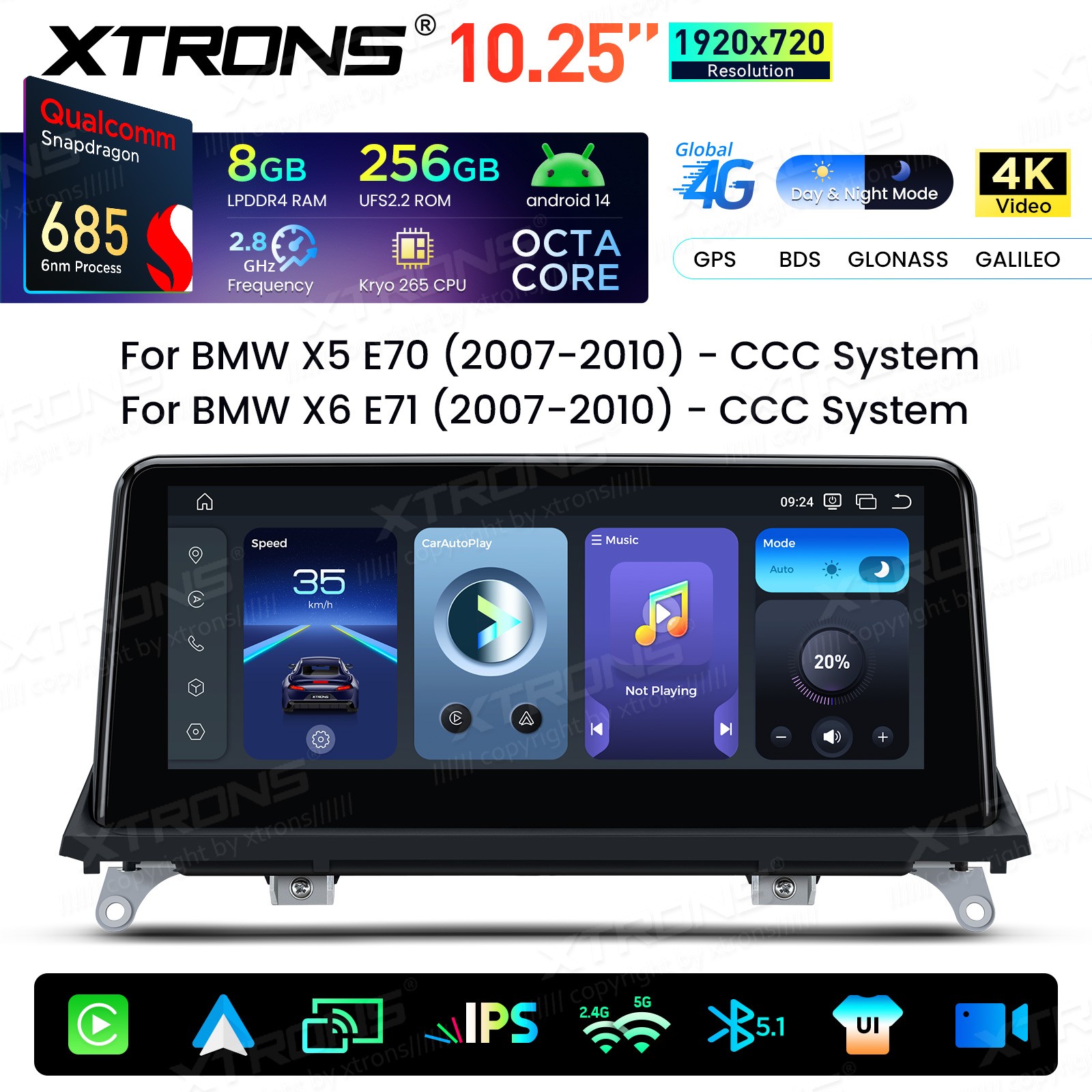 8-Core 8+256G 4G Android 14 Car Screen Retrofit Stereo For BMW X5 X6 E70 E71 CCC