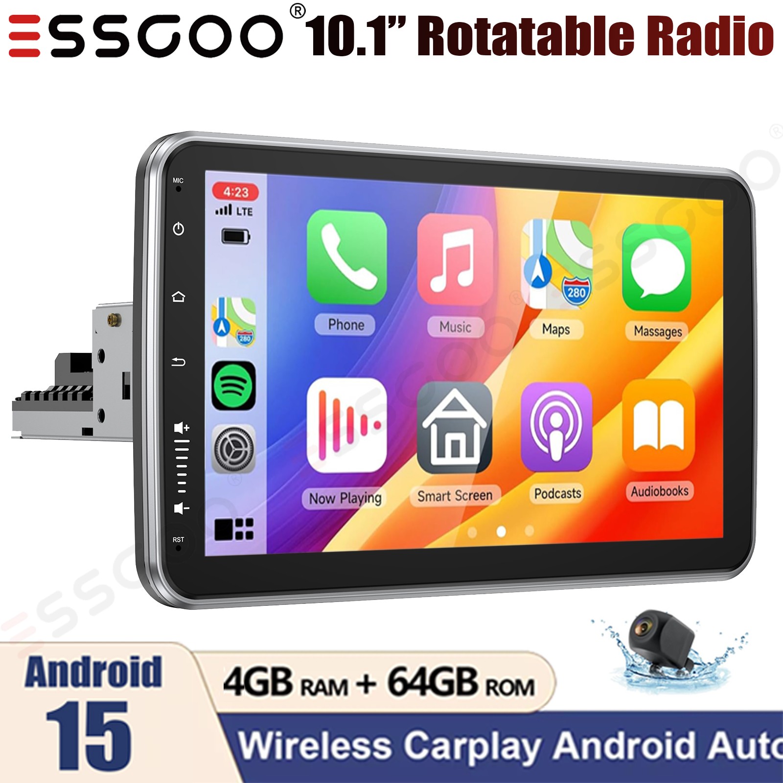10.1″ Android 15 Car Stereo Radio 1Din Rotatable Carplay Touch Screen 4+64GB AHD