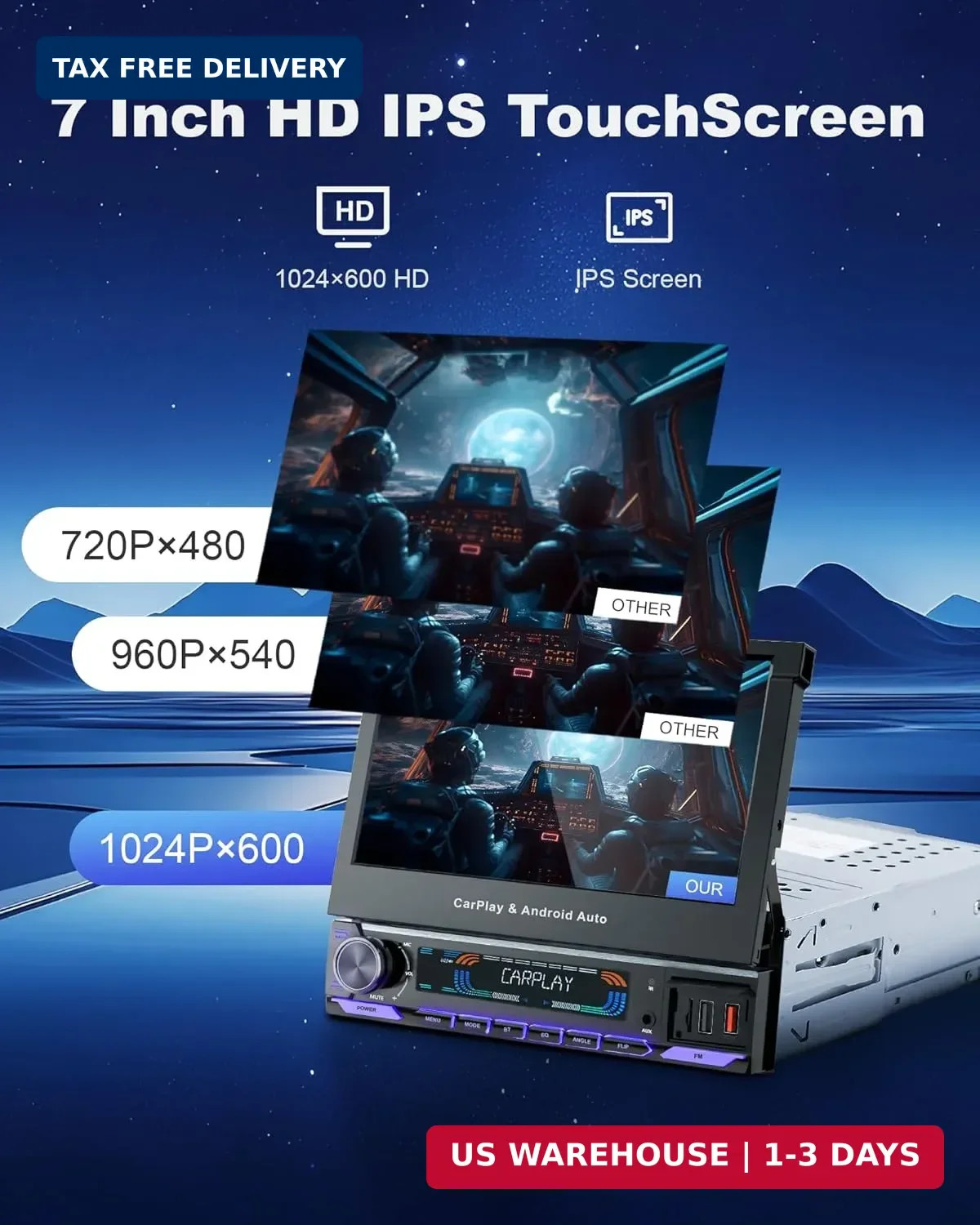 2026 Car Stereo with Wireless CarPlay & Auto, 7-inch HD motorized flip out