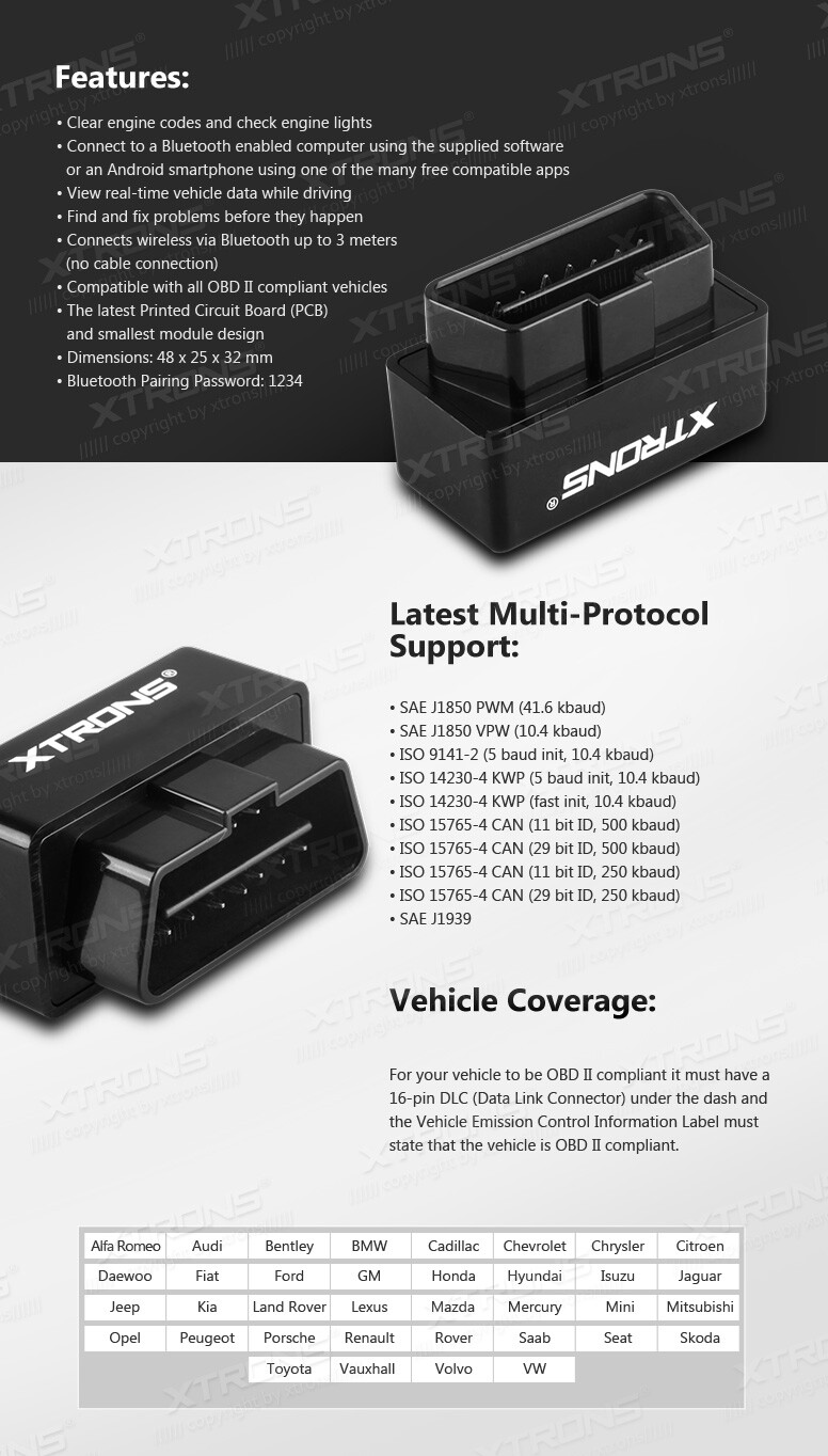XTRONS Bluetooth OBD2 II Car Auto Diagnostic Scanner Tool for Stereo Head Units