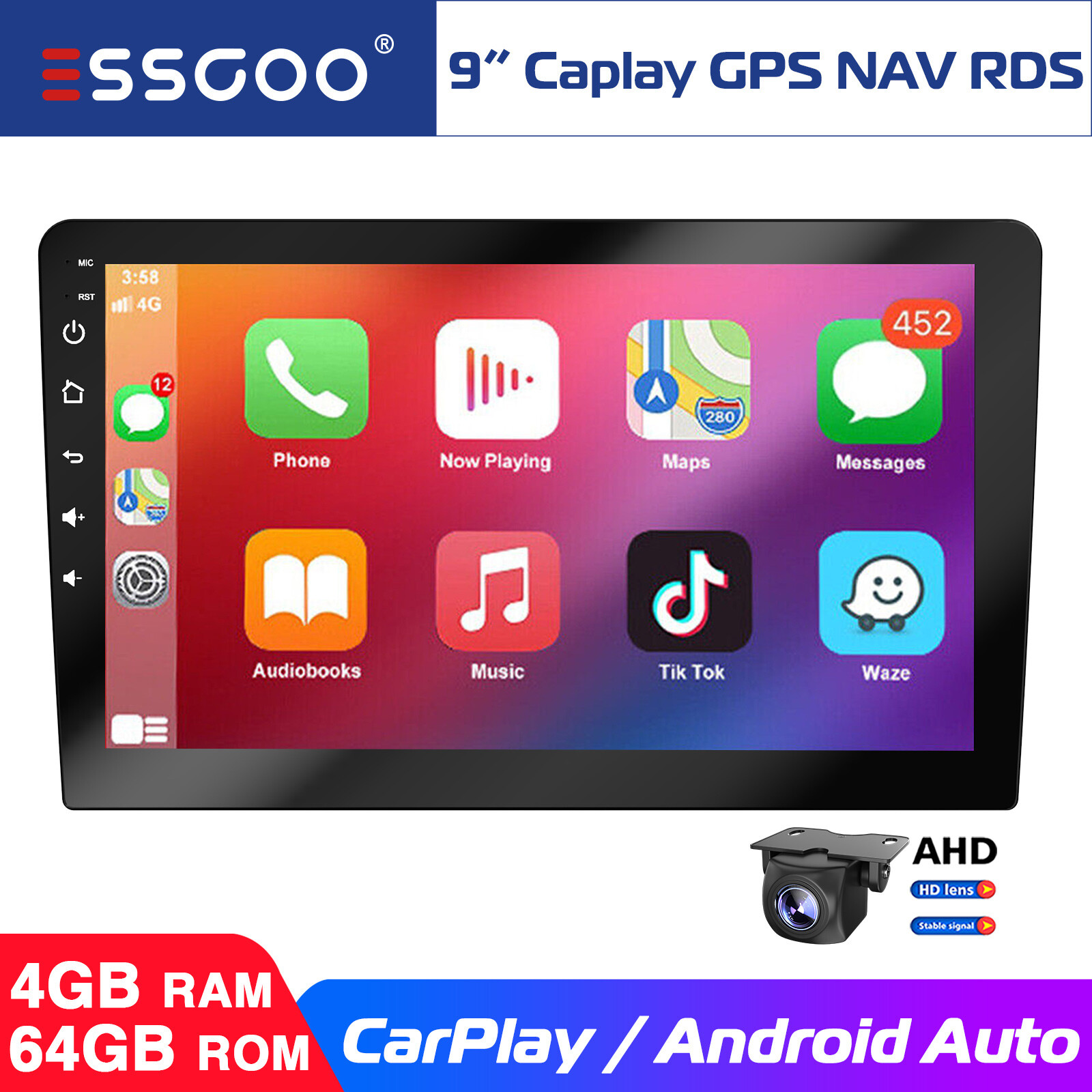 9 Inch Android 13 4+64G Apple Carplay Stereo Bluetooth GPS Nav FM 2 DIN + Camera