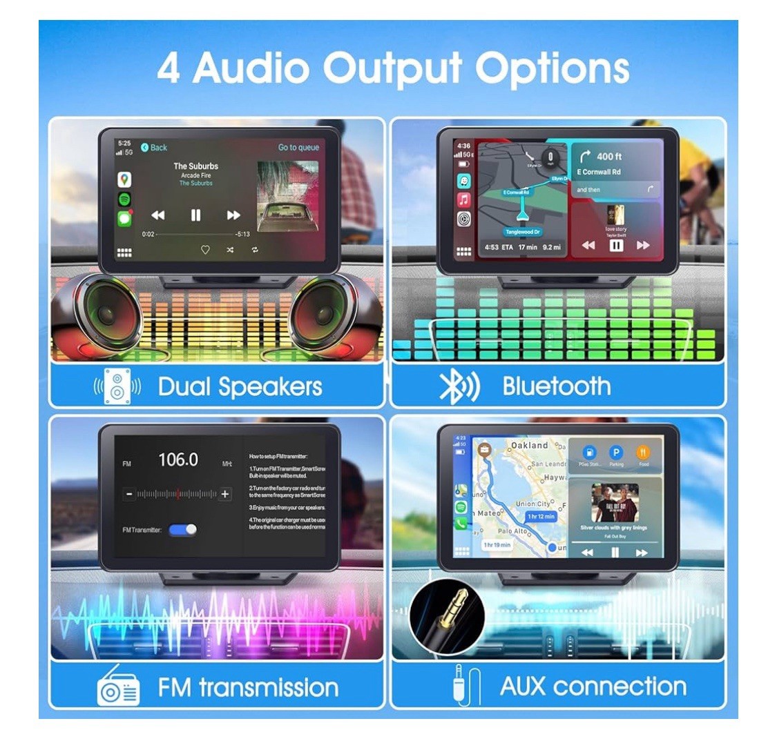 Portable Wireless Car Stereo, 7″ HD Touchscreen CarPlay Android Camera Mirroring
